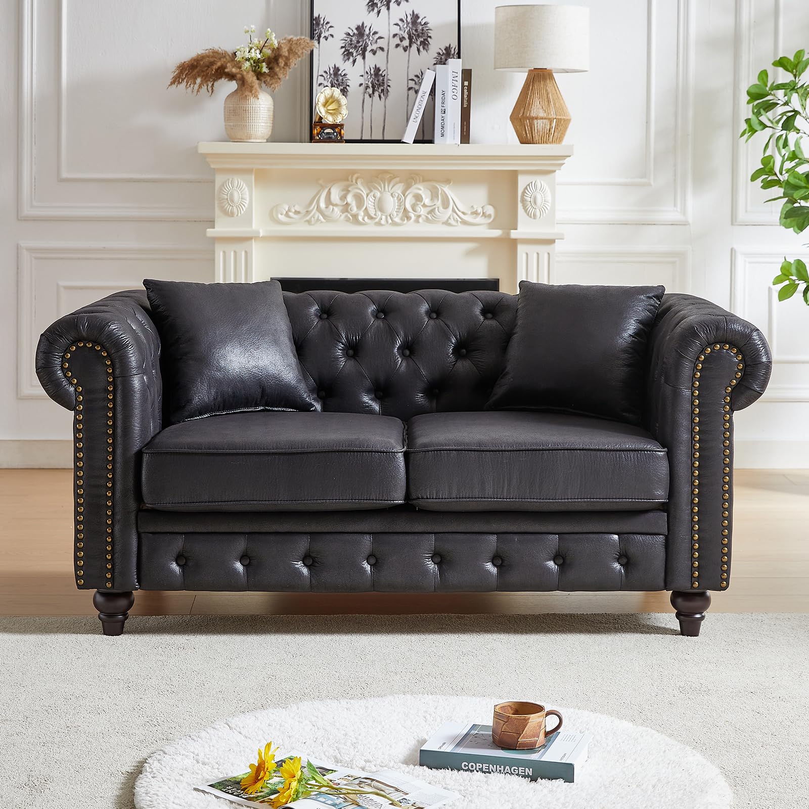 Mid Century Modern Loveseat Sofa, 63.5"W Velvet Fabric Button Tufted Small Couch with Nailhead Trim & Roll Armrest, Upholstered Comfy Chesterfield Sofa for Living Room, Office(2 Seater, Light Grey)