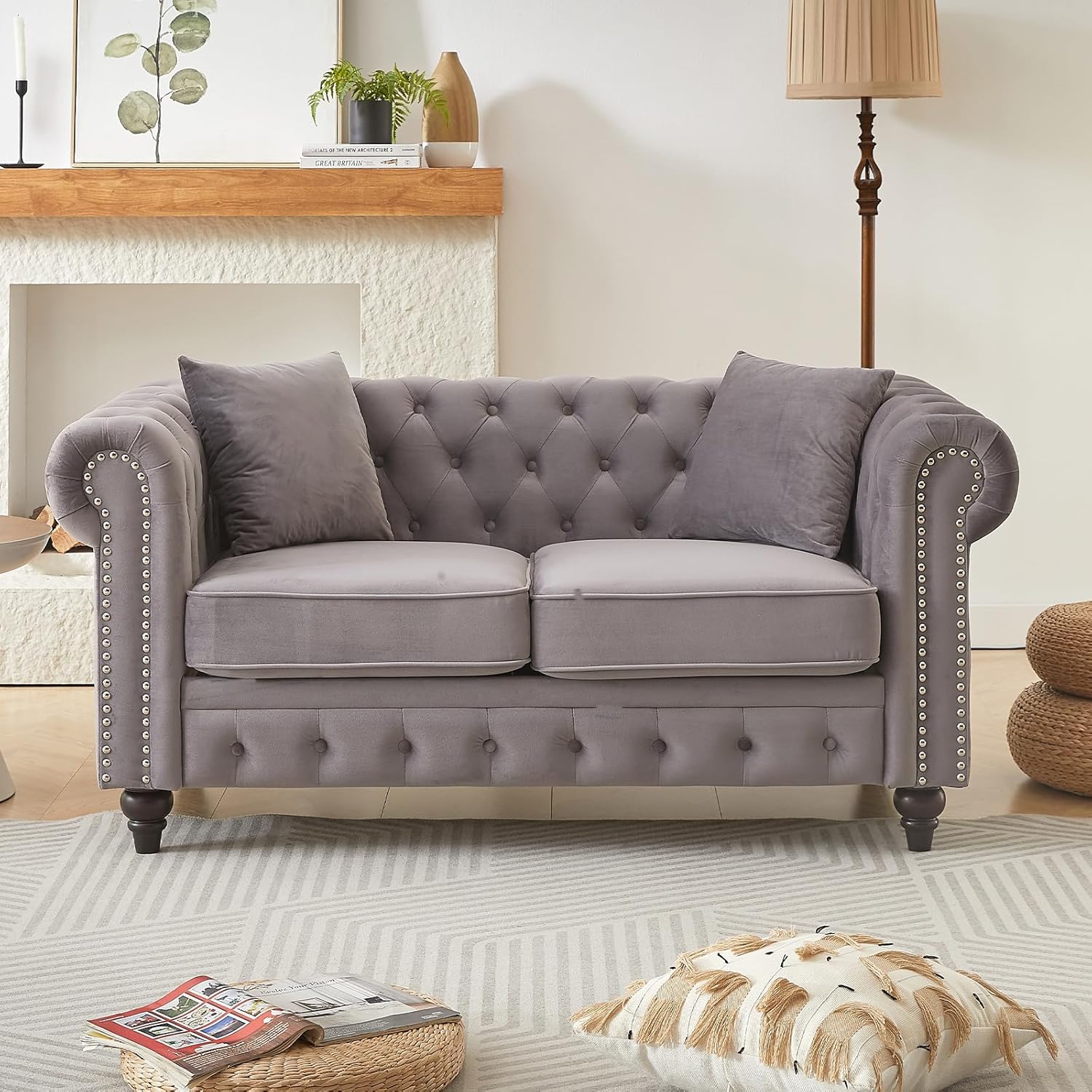 Mid Century Modern Loveseat Sofa, 63.5"W Velvet Fabric Button Tufted Small Couch with Nailhead Trim & Roll Armrest, Upholstered Comfy Chesterfield Sofa for Living Room, Office(2 Seater, Light Grey)