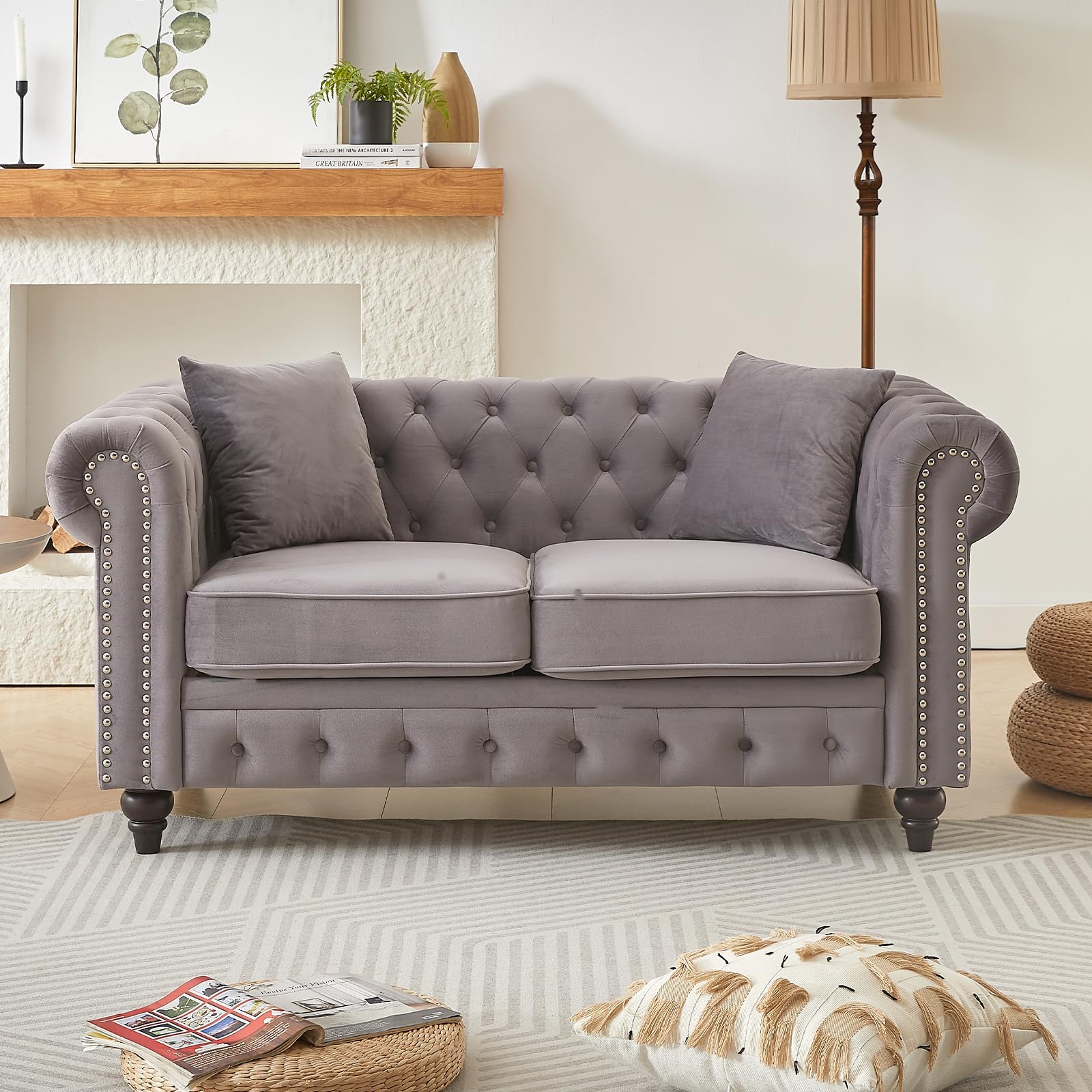 Mid Century Modern Loveseat Sofa, 63.5"W Velvet Fabric Button Tufted Small Couch with Nailhead Trim & Roll Armrest, Upholstered Comfy Chesterfield Sofa for Living Room, Office(2 Seater, Light Grey)
