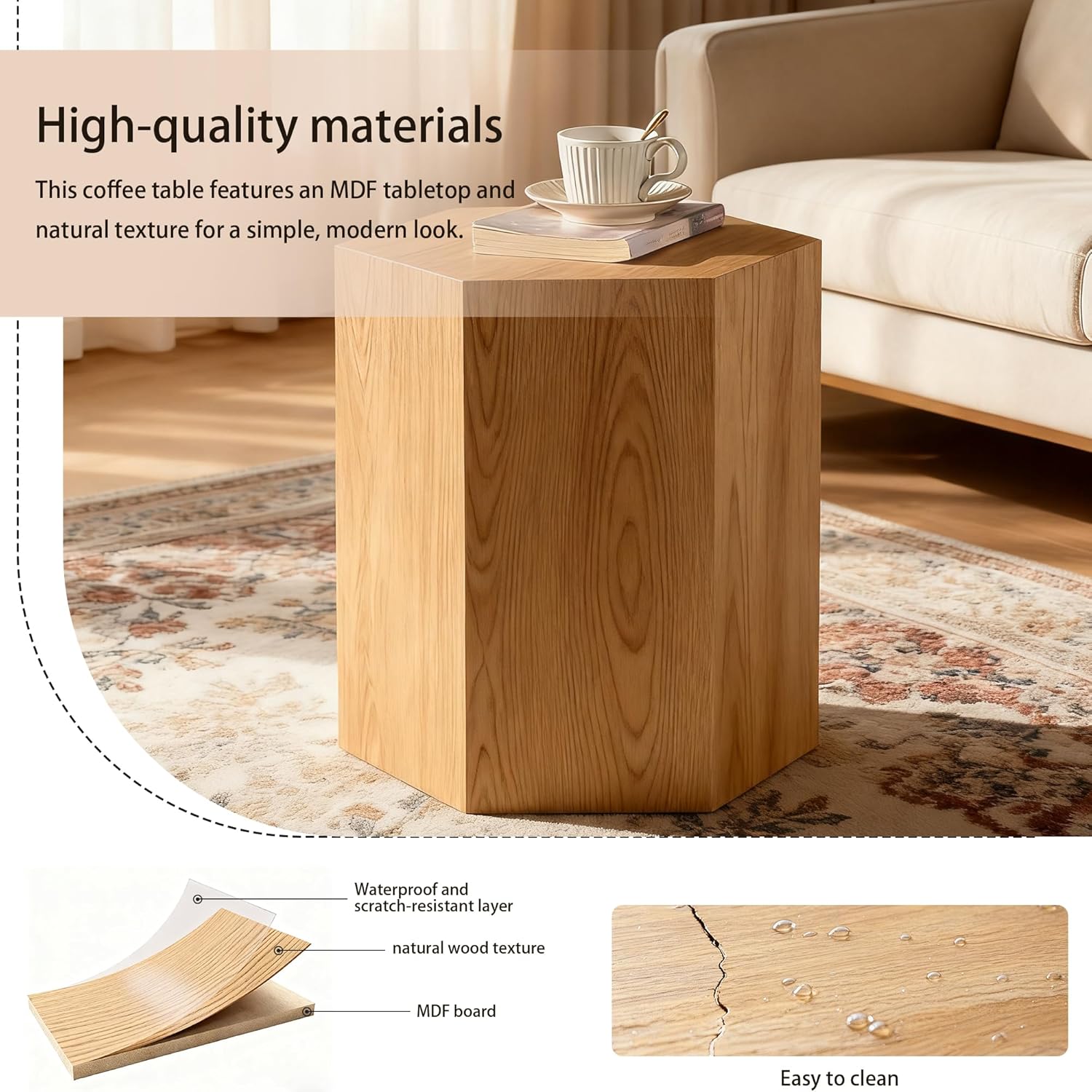 Modern Hexagonal Side Table, Walnut Wood MDF Coffee Table with Natural Texture, Non-Slip Surface, 15.7x13.8x18.9 Inches (Natural)