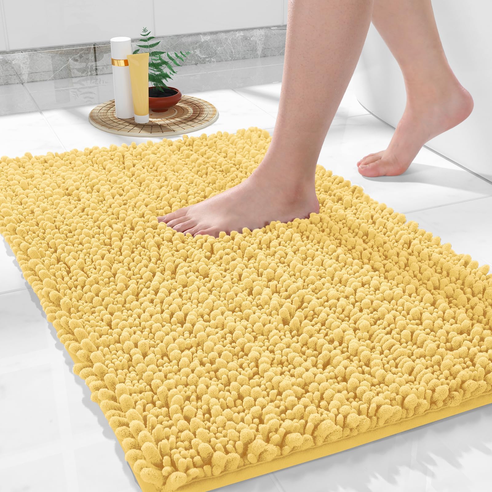 Yimobra Bathroom Rugs Non Slip Washable - Ultra Soft Absorbent Chenille Bath Mat, Quick Dry Shaggy Floor Carpet for Tub Shower, Gray Home Decor Accessories, 24x17 Inch