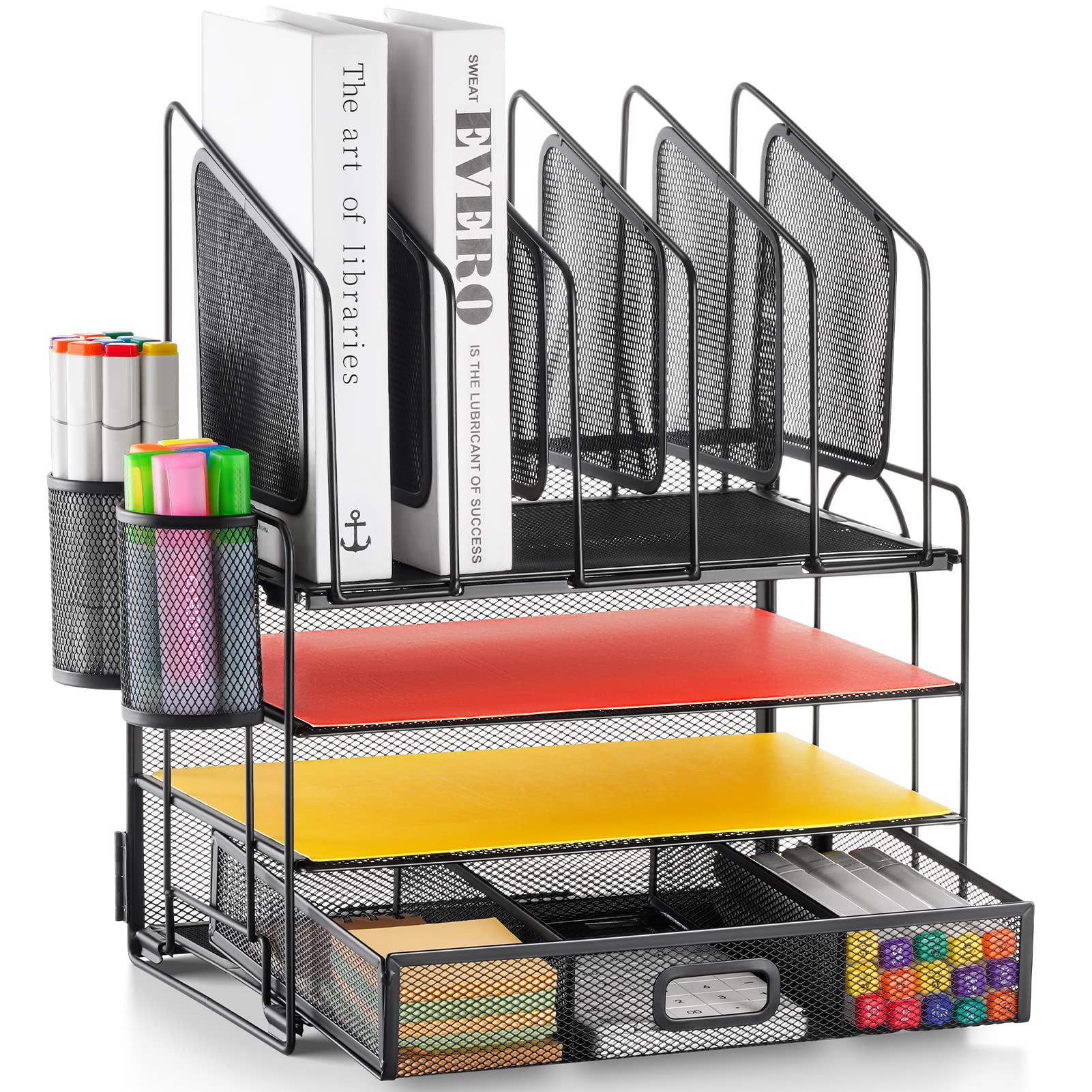 Marbrasse Desk Organizer with Drawer, 4-Tier Wooden File Organizer with 5 Vertical File Holders and 2 Pen Holders, Desk Organizers and Accessories for Home Office - Dark Brown