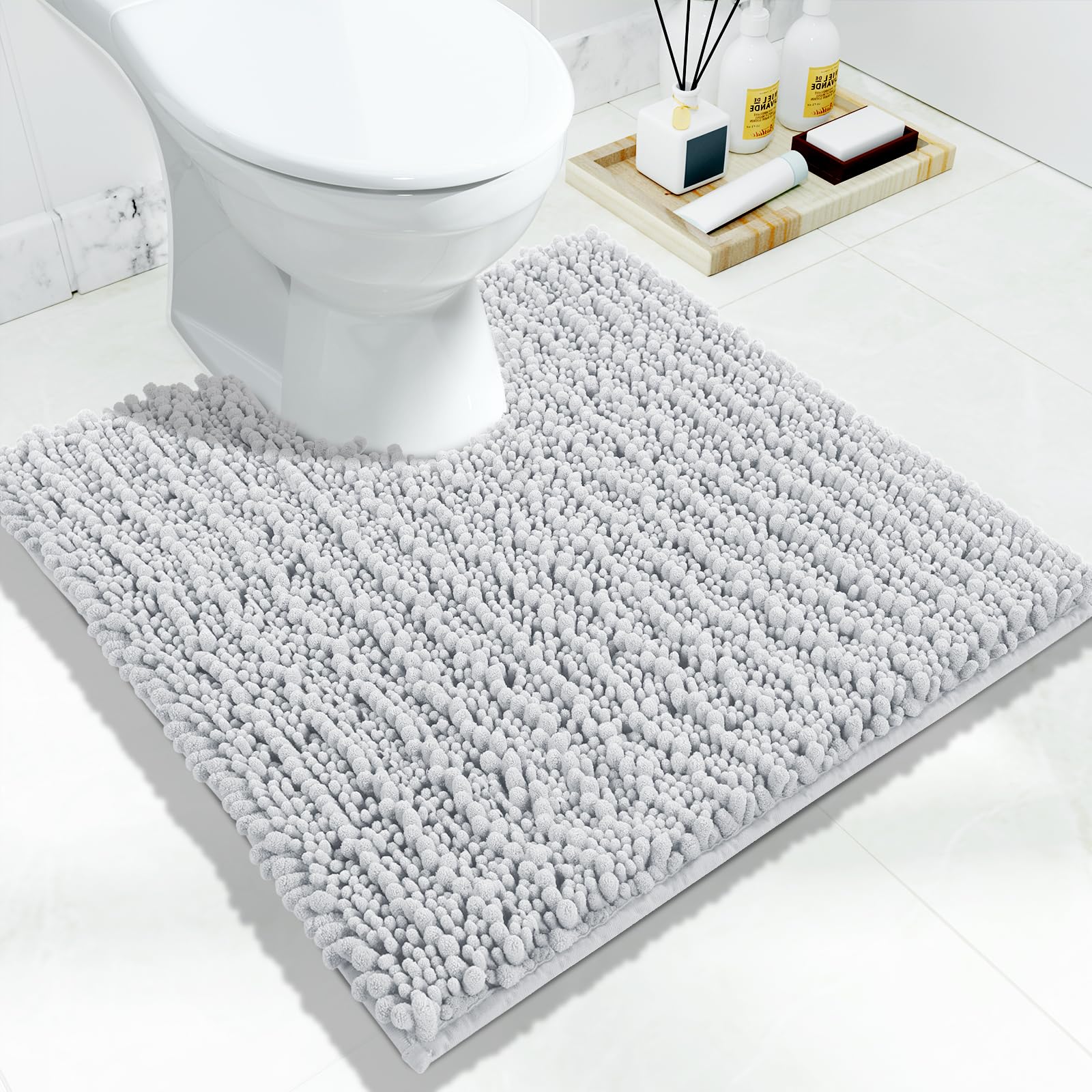 Yimobra Bathroom Rugs Non Slip Washable - Ultra Soft Absorbent Chenille Bath Mat, Quick Dry Shaggy Floor Carpet for Tub Shower, Gray Home Decor Accessories, 24x17 Inch