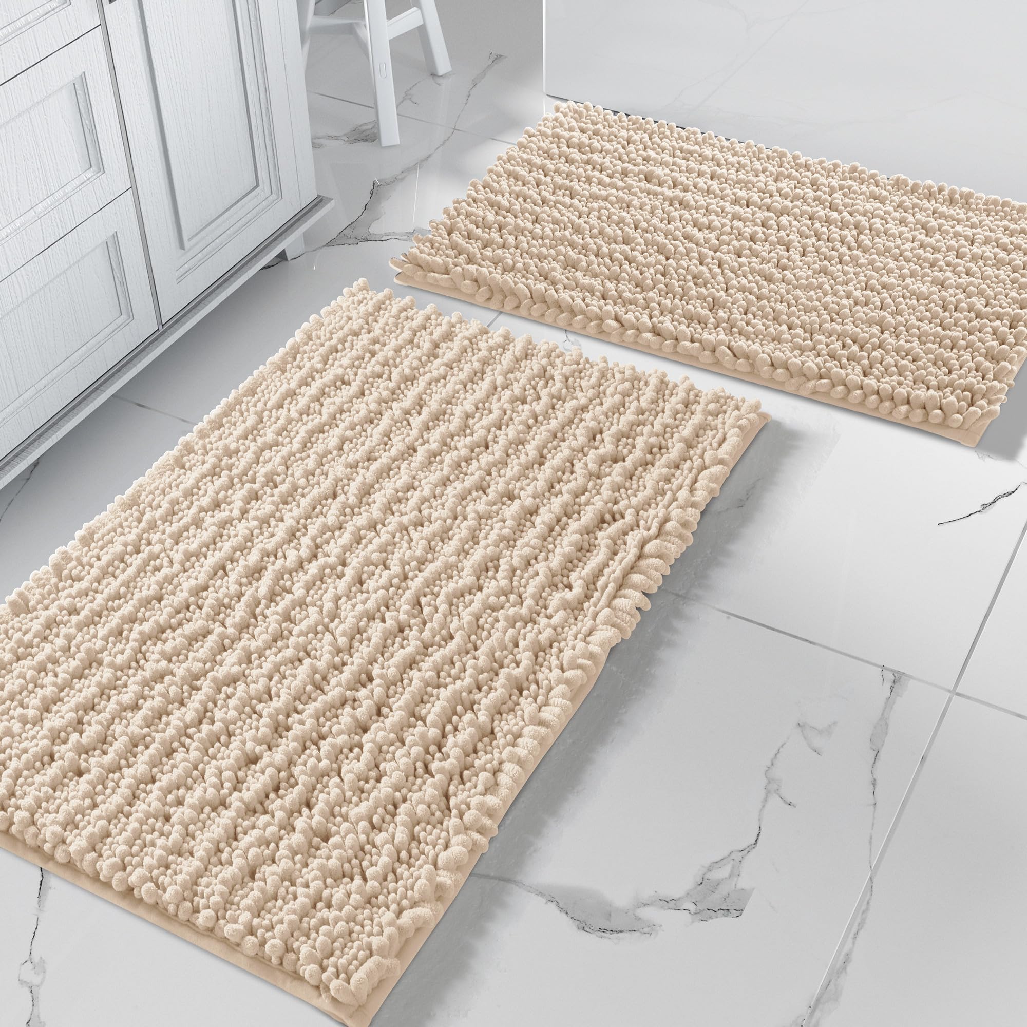 Yimobra Bathroom Rugs Sets 2 Piece - Quick Dry Extra Thick Luxury Chenille Bath Mat, Non Slip Super Absorbent for Tub Shower Sink, Machine Washable Shaggy Floor Mat, 32"x20"+24"x17" Inch, Black