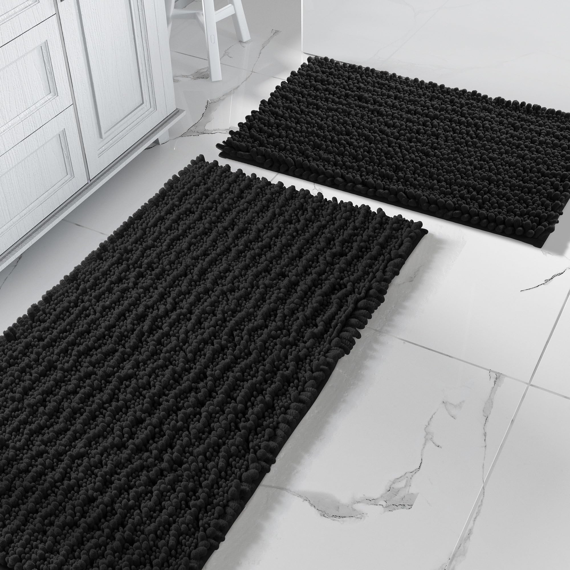 Yimobra Bathroom Rugs Sets 2 Piece - Quick Dry Extra Thick Luxury Chenille Bath Mat, Non Slip Super Absorbent for Tub Shower Sink, Machine Washable Shaggy Floor Mat, 32"x20"+24"x17" Inch, Black