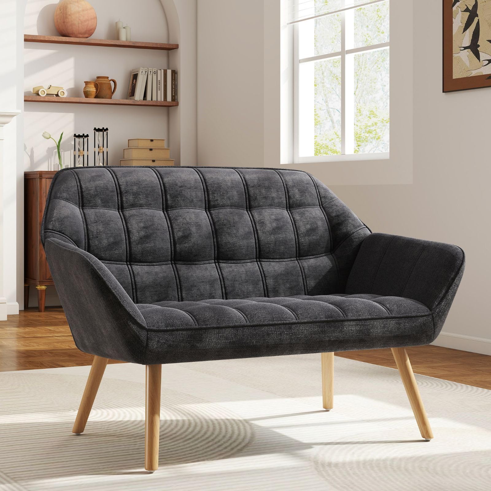 Hyfirm 48" Cream Velvet Tufted Loveseat Sofa, Modern Luxury Mini Couch with Gold Metal Legs, Comfy Small Loveseat for Small Space, Living Room, Bedroom, Apartment & Office