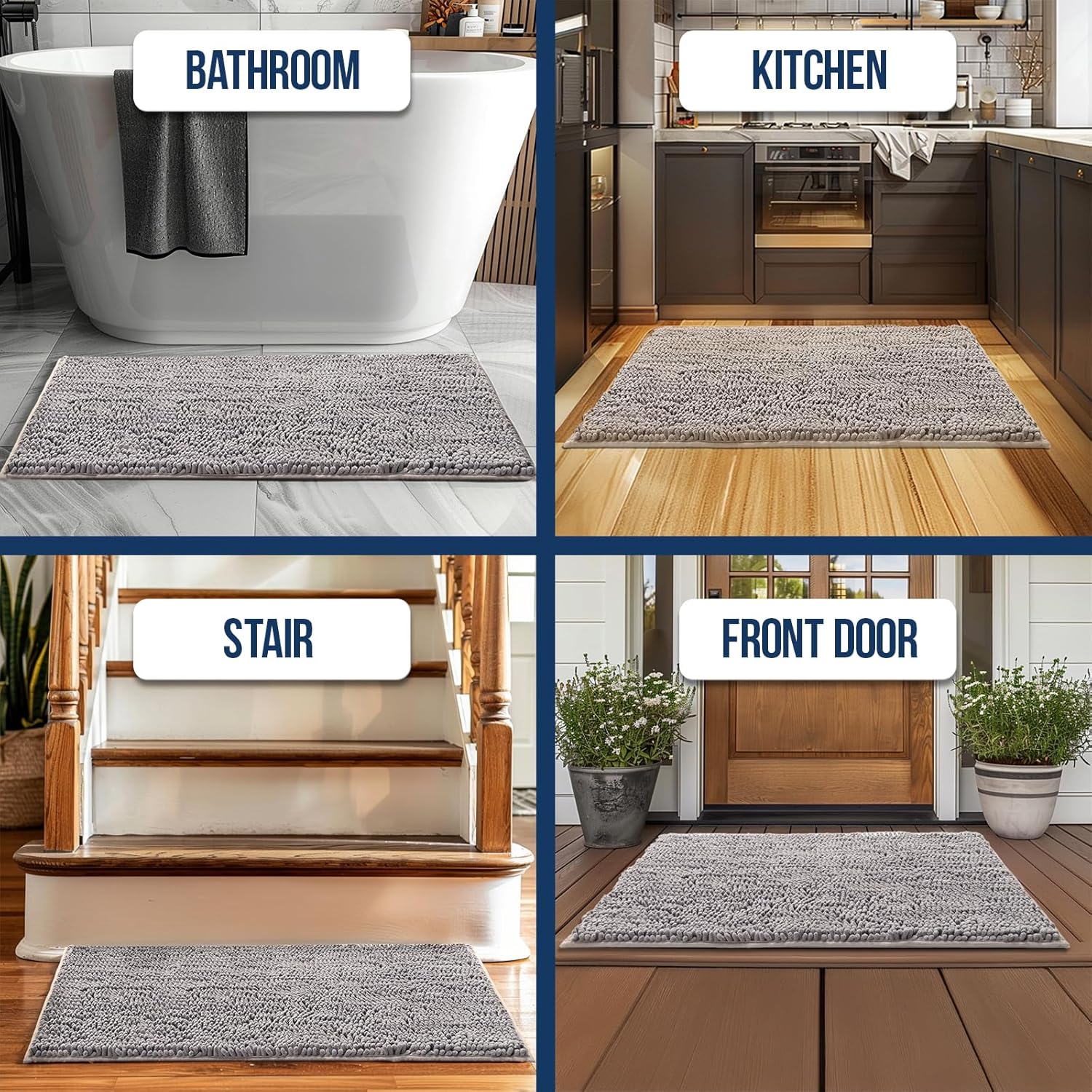 Muddy Mat Chenille Bathroom Rugs Quick Dry Microfiber Mats Non Slip Washable, Extra Thick, Soft and Highly Absorbent Bath Mats for Bathroom, Kitchen, and Shower Floor - Grey Small 28"X18"