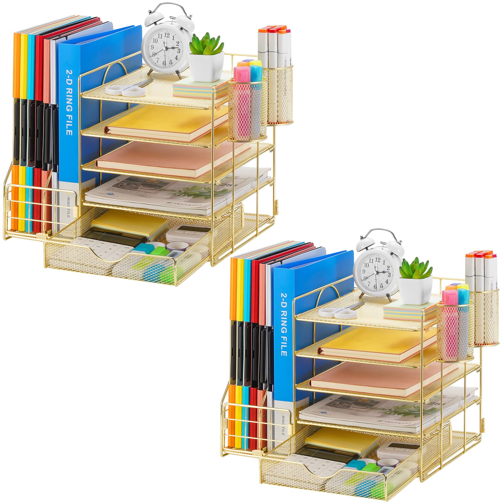 Marbrasse Desk Organizer with File Holder, 5-Tier Paper Letter Tray Organizer with Drawer and 2 Pen Holder, Mesh Desktop Organizer and Storage with Magazine Holder for Office Supplies (Wood-Brown)