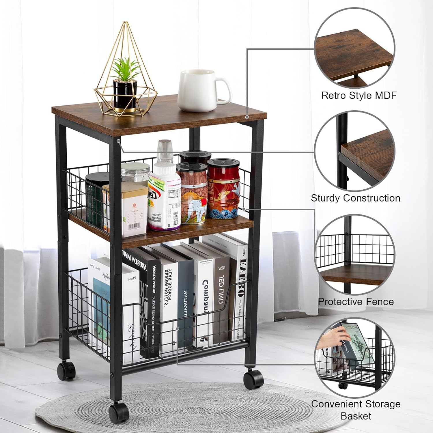 Hadulcet Small End Table, 3-Tier Side Table with Storage Basket, Industrial Style Side End Table for Living Room Bedroom Kitchen Bathroom, Rustic Brown