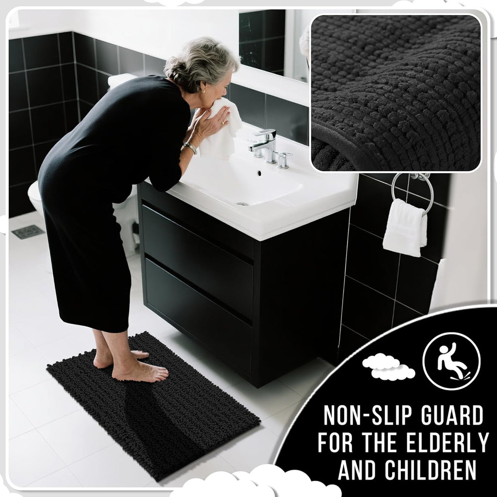 Yimobra Bathroom Rugs Sets 2 Piece - Quick Dry Extra Thick Luxury Chenille Bath Mat, Non Slip Super Absorbent for Tub Shower Sink, Machine Washable Shaggy Floor Mat, 32"x20"+24"x17" Inch, Black