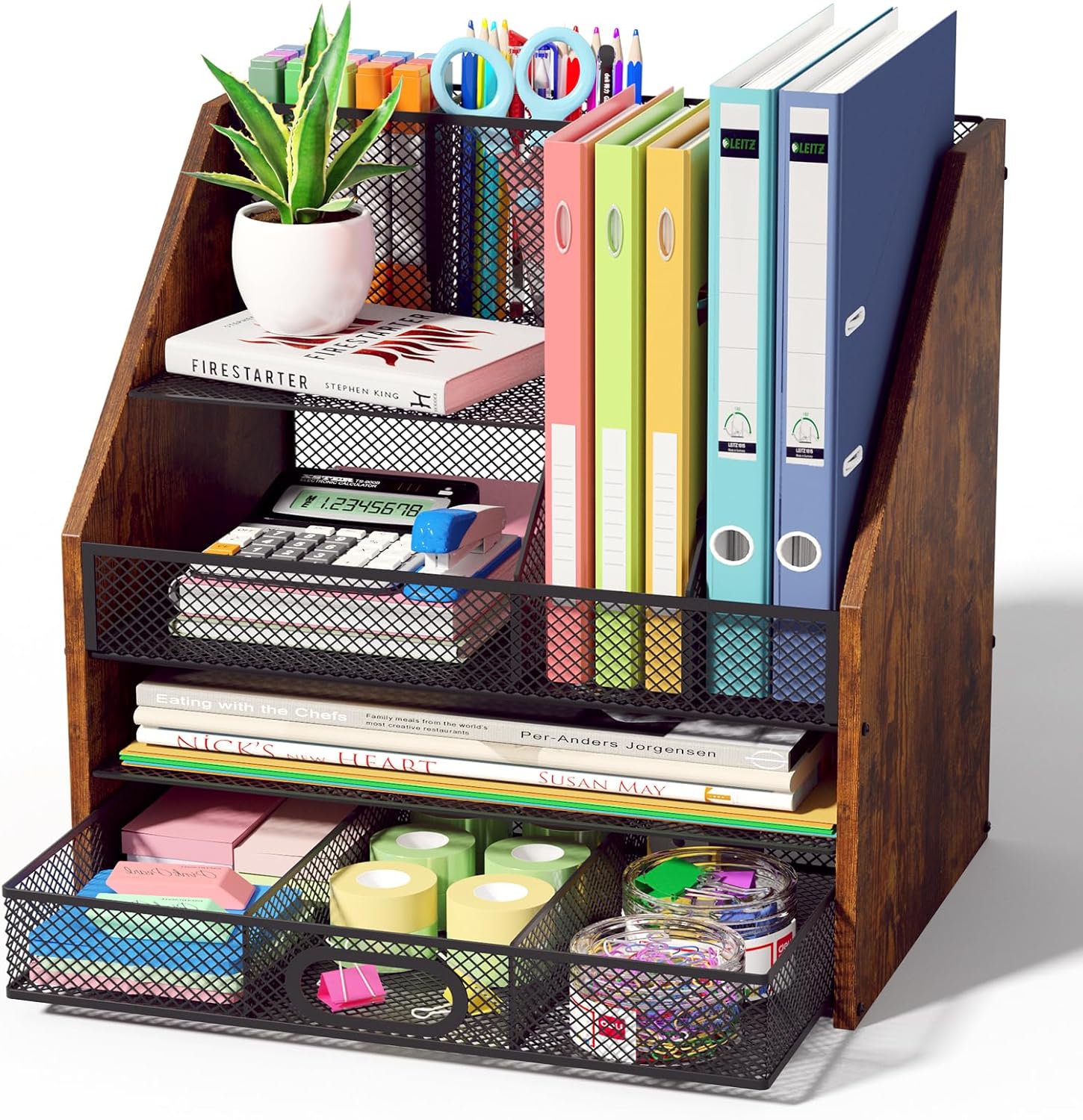 Homsorout Wooden Desk Organizer - Mesh File Organizer with Drawers and Pen Holder - 4-Tier Vertical Paper Letter Storage Tray, Desktop Organizers and Accessories for Home Office