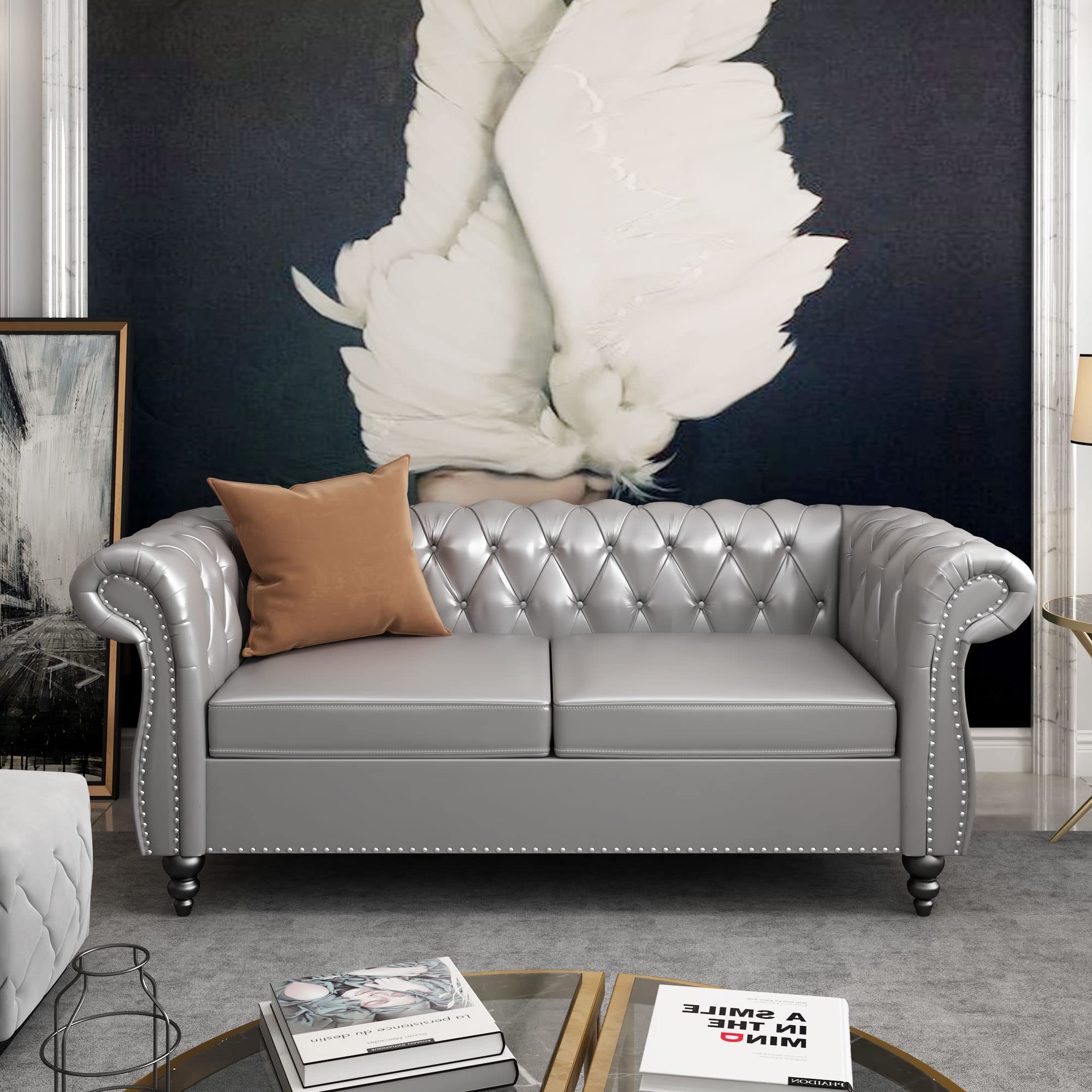 ORRD Chesterfield Loveseat, Modern Velvet Sofa Tufted Couch 2 Seater with Scroll Arms and Nailhead for Living Room, Bedroom, Office, Apartment (Beige)