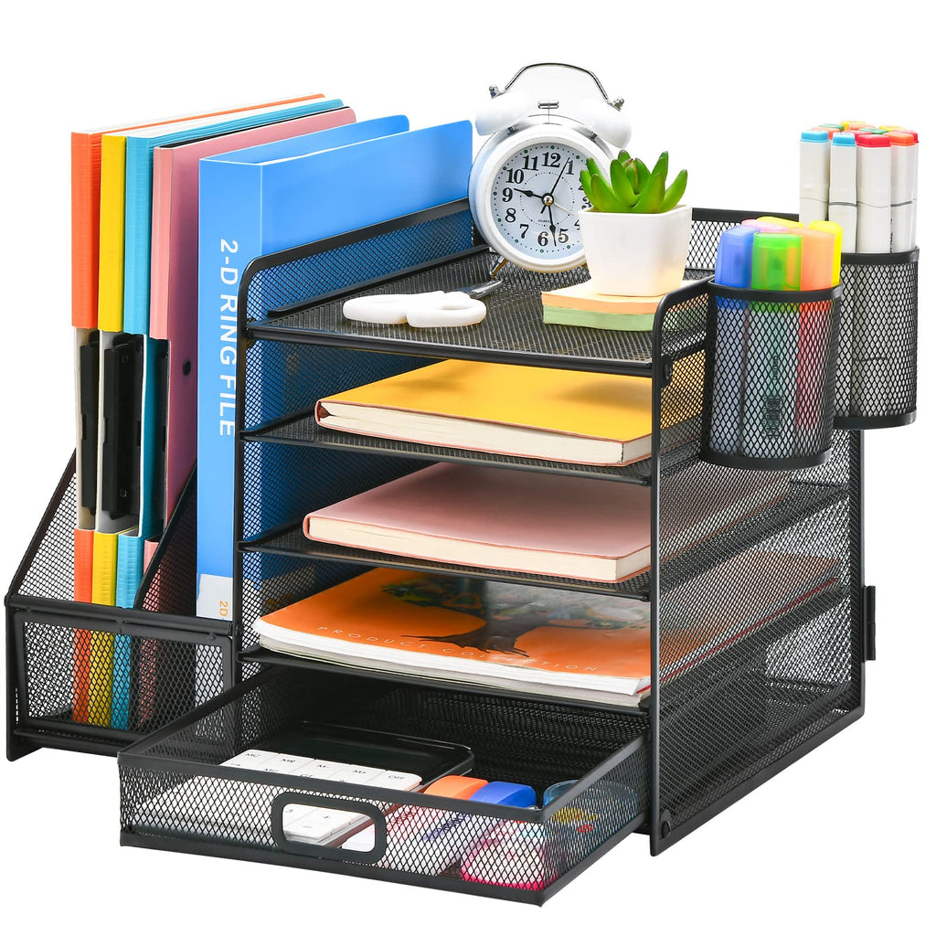 Marbrasse Desk Organizer with File Holder, 5-Tier Paper Letter Tray Organizer with Drawer and 2 Pen Holder, Mesh Desktop Organizer and Storage with Magazine Holder for Office Supplies (Wood-Brown)