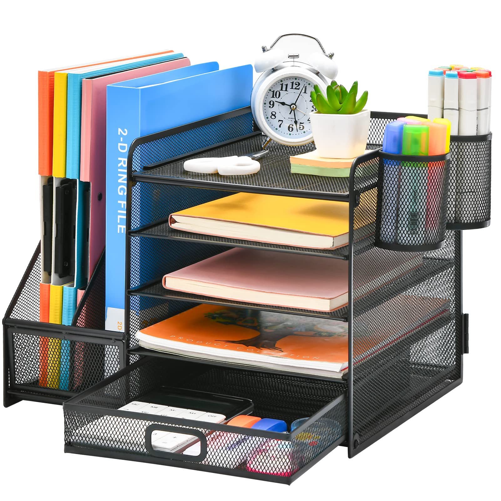 Marbrasse Desk Organizer with File Holder, 5-Tier Paper Letter Tray Organizer with Drawer and 2 Pen Holder, Mesh Desktop Organizer and Storage with Magazine Holder for Office Supplies (Wood-Brown)