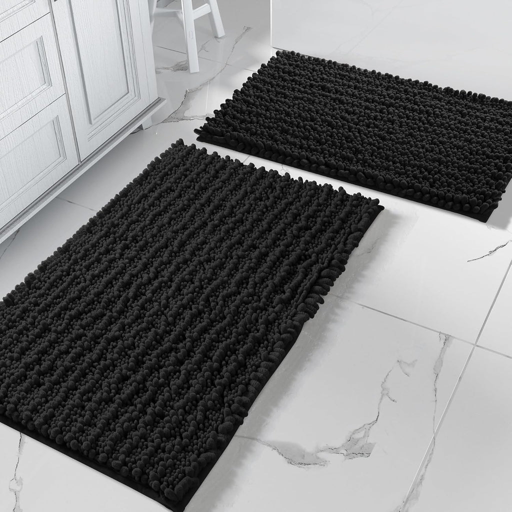 Yimobra Bathroom Rugs Sets 2 Piece - Quick Dry Extra Thick Luxury Chenille Bath Mat, Non Slip Super Absorbent for Tub Shower Sink, Machine Washable Shaggy Floor Mat, 32"x20"+24"x17" Inch, Black