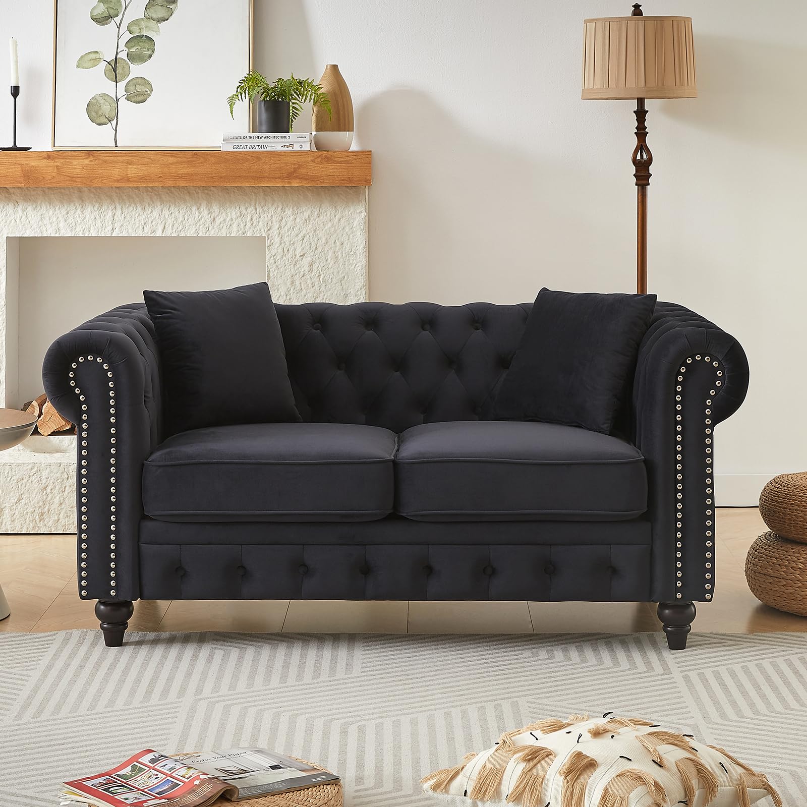 Mid Century Modern Loveseat Sofa, 63.5"W Velvet Fabric Button Tufted Small Couch with Nailhead Trim & Roll Armrest, Upholstered Comfy Chesterfield Sofa for Living Room, Office(2 Seater, Light Grey)