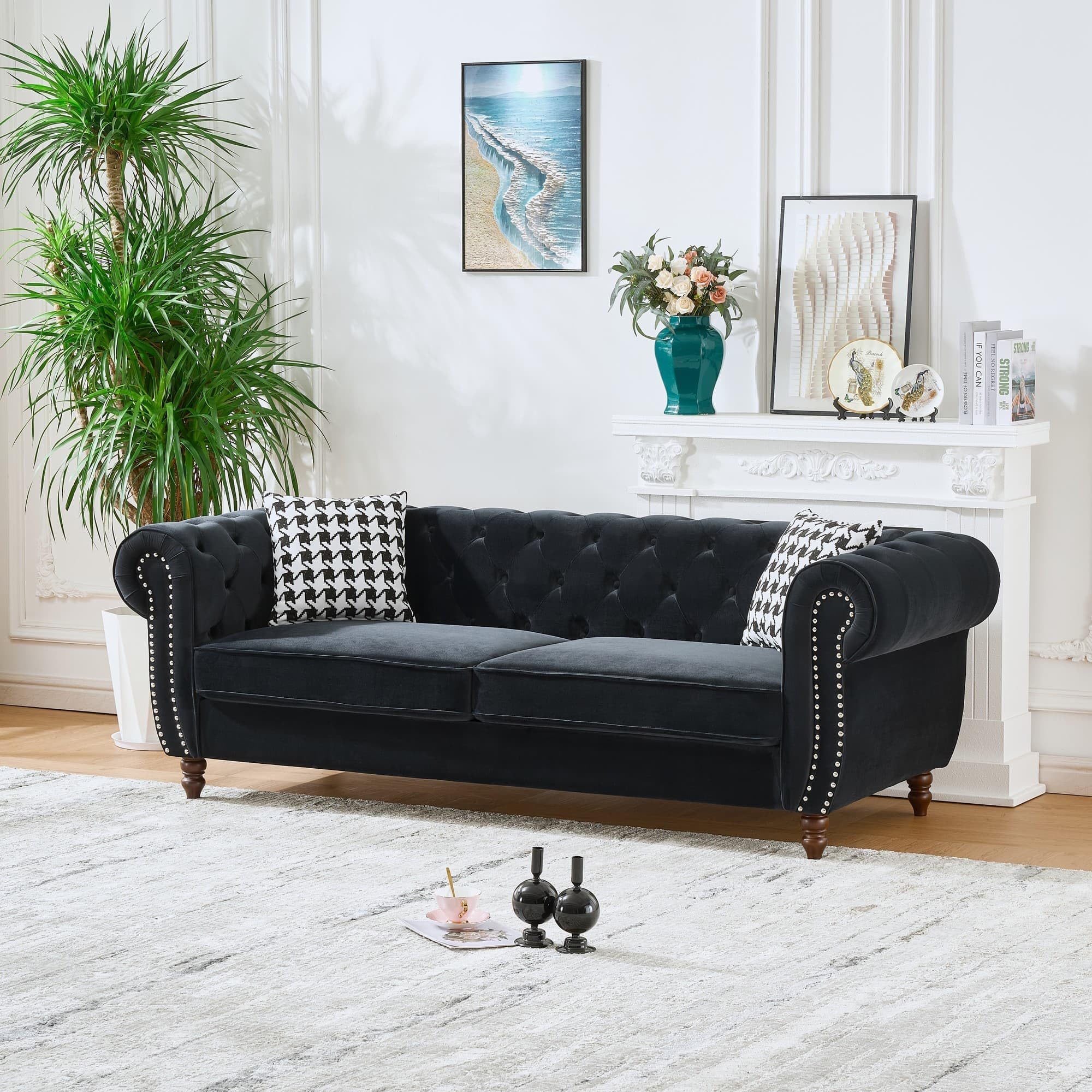 Velvet Loveseat Couch, Rolled Arm 2-Seater Tufted Sofa with Nailhead Trim and 2 Neck Roll Pillows, Living Room Small Apartment Office Décor Green