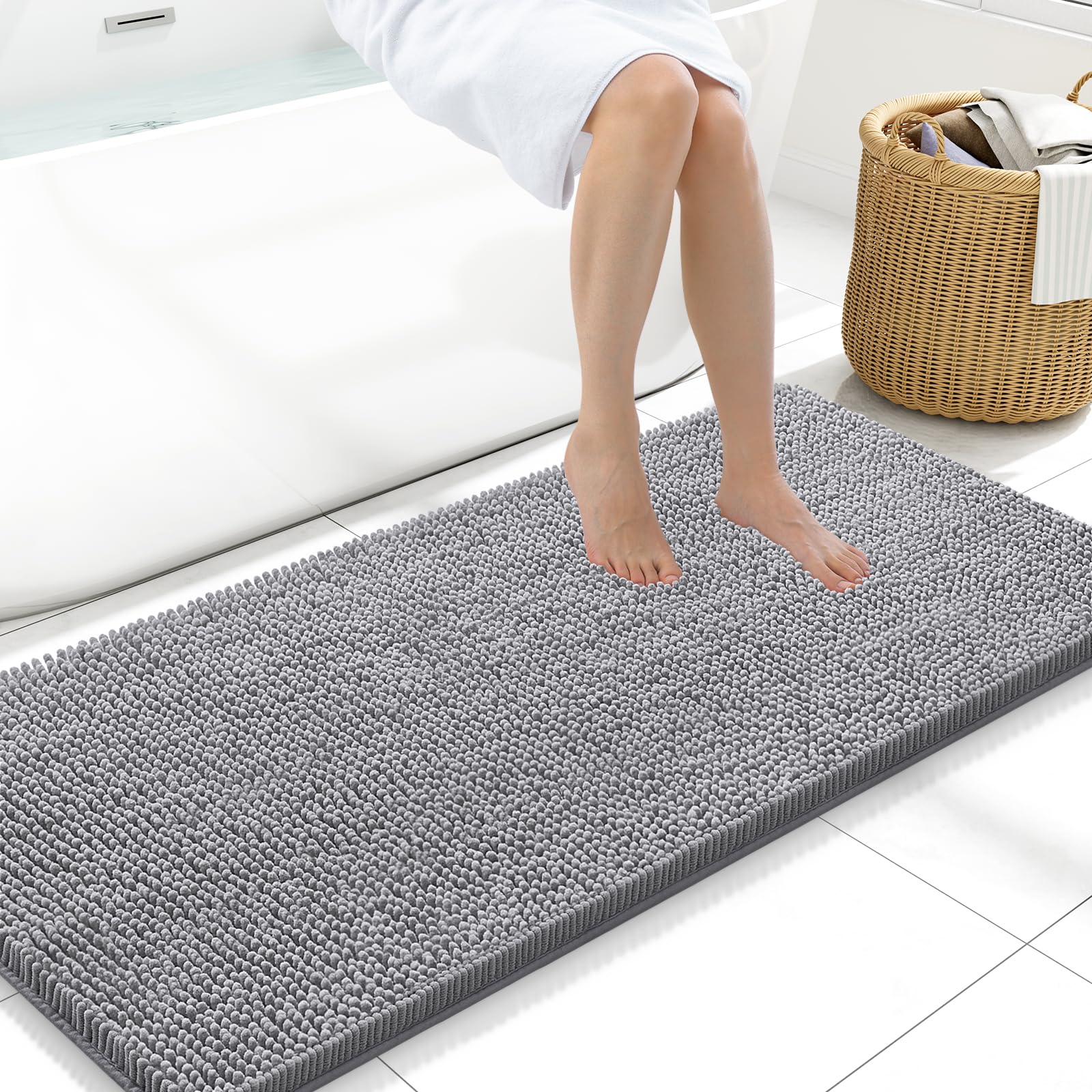 Arotive Bathroom Rugs 30x20, Extra Soft Absorbent Shaggy Chenille Bath Rugs, Machine Washable Rubber Backing Non-Slip Bath Mats for Bathroom Floor Tub and Shower, Home Decor Accessories, Grey