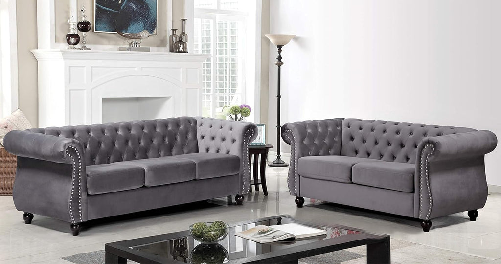 Container Furniture Direct Feinstein Modern Velvet Chesterfield Couches for Living Room with Nailheads, Diamond Tufting & Durable Metal Frame, Loveseat, Green