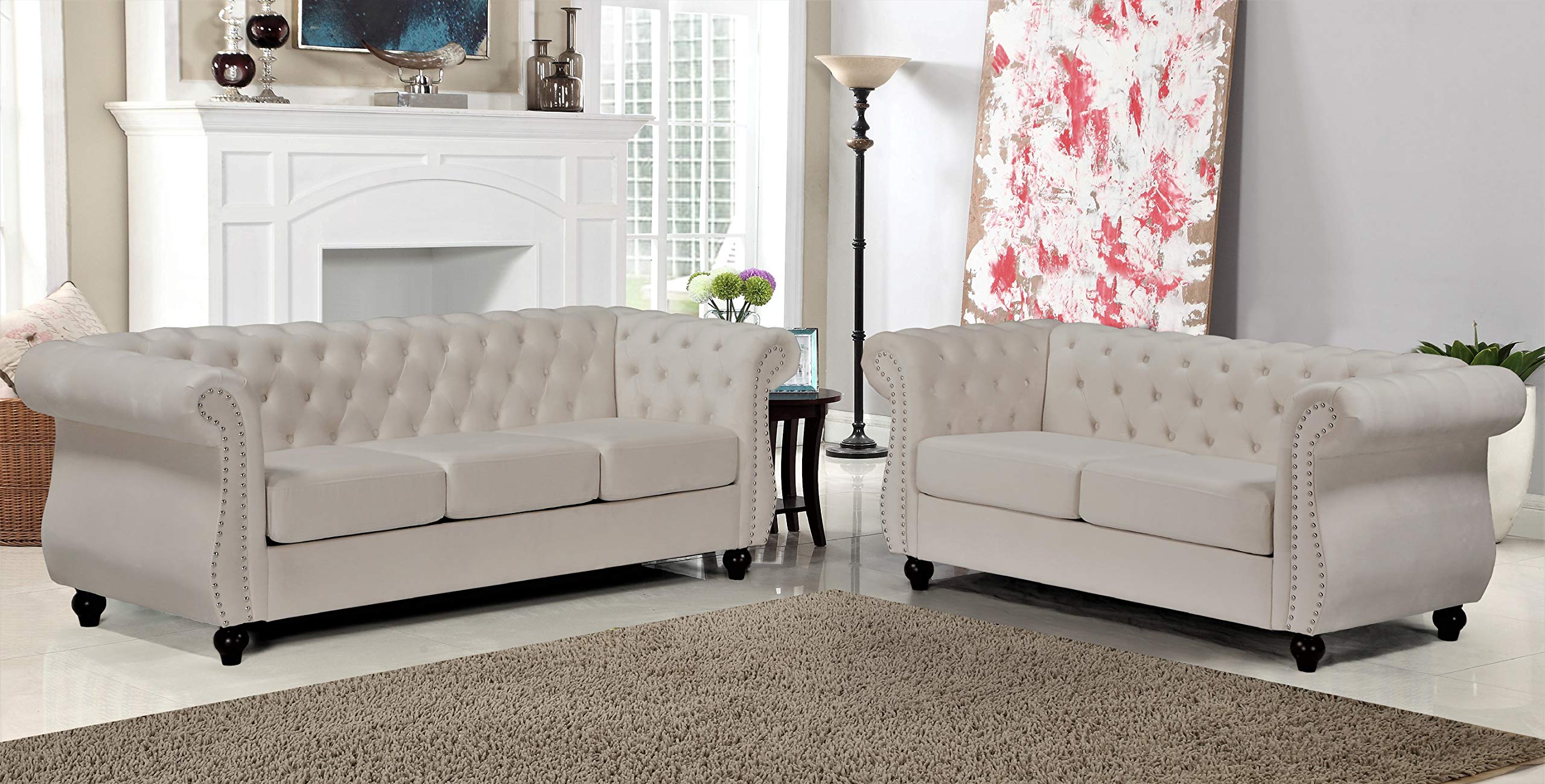 Container Furniture Direct Feinstein Modern Velvet Chesterfield Couches for Living Room with Nailheads, Diamond Tufting & Durable Metal Frame, Loveseat, Green