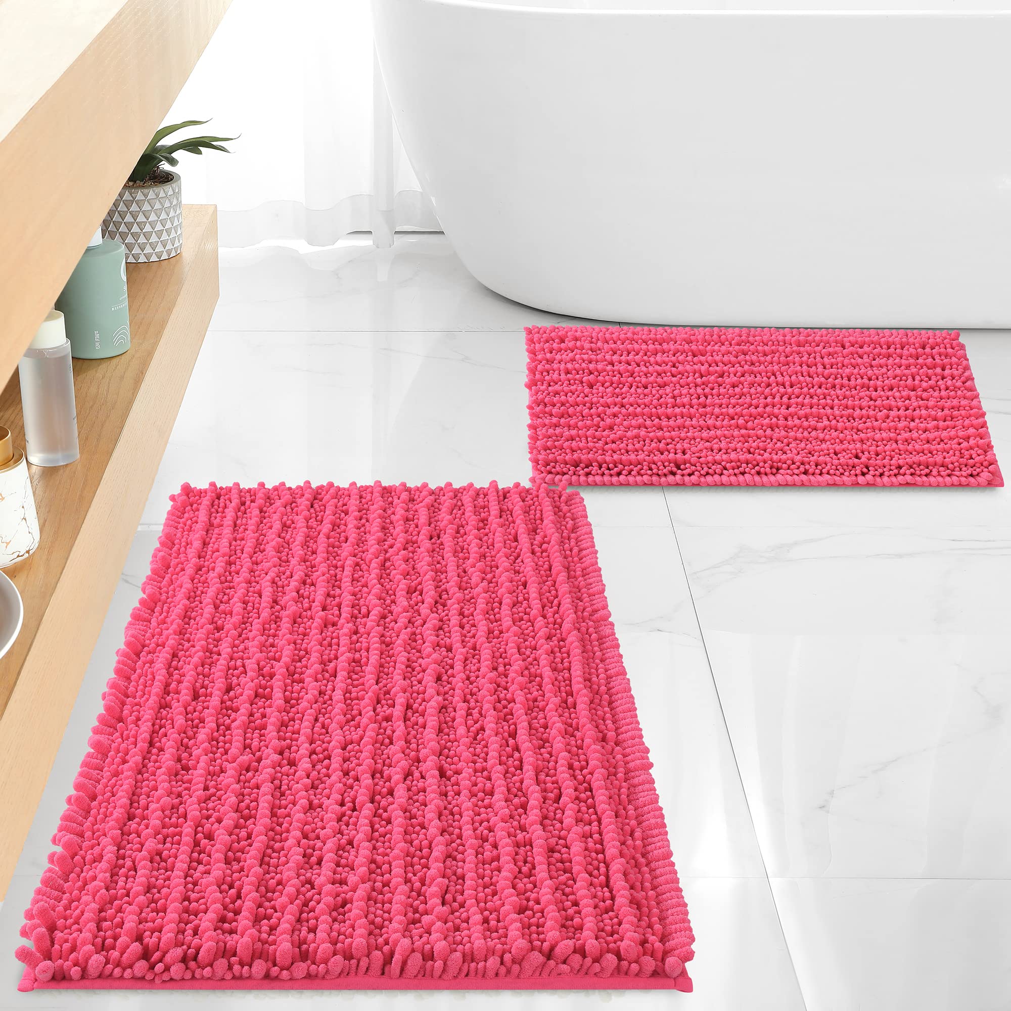 FLOLEOPA Chenille Coral Pink Bath Mat, Luxury Handmade Bathroom Rug, Non Slip, Extra Soft, Absorbent, Machine Washable, 32'x20' Plus 17'x24'