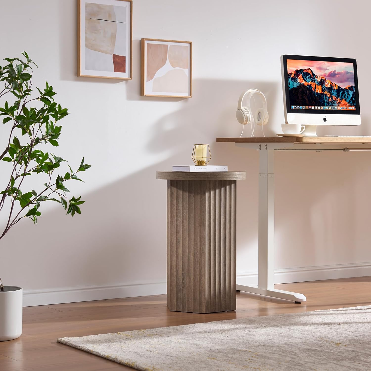 VividVibe End Tables for Living Room, Fluted Couch Side Table with Hexagonal Base, Wooden Bedside Table Bedroom Nightstands Home Office Modern Accent Grey Alder