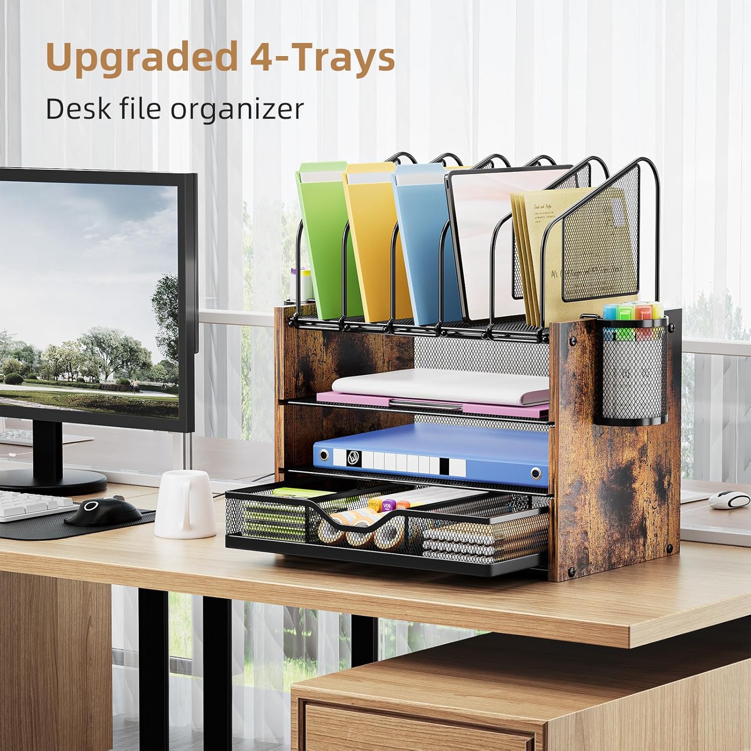 Marbrasse Desk Organizer with Drawer, 4-Tier Wooden File Organizer with 5 Vertical File Holders and 2 Pen Holders, Desk Organizers and Accessories for Home Office - Dark Brown