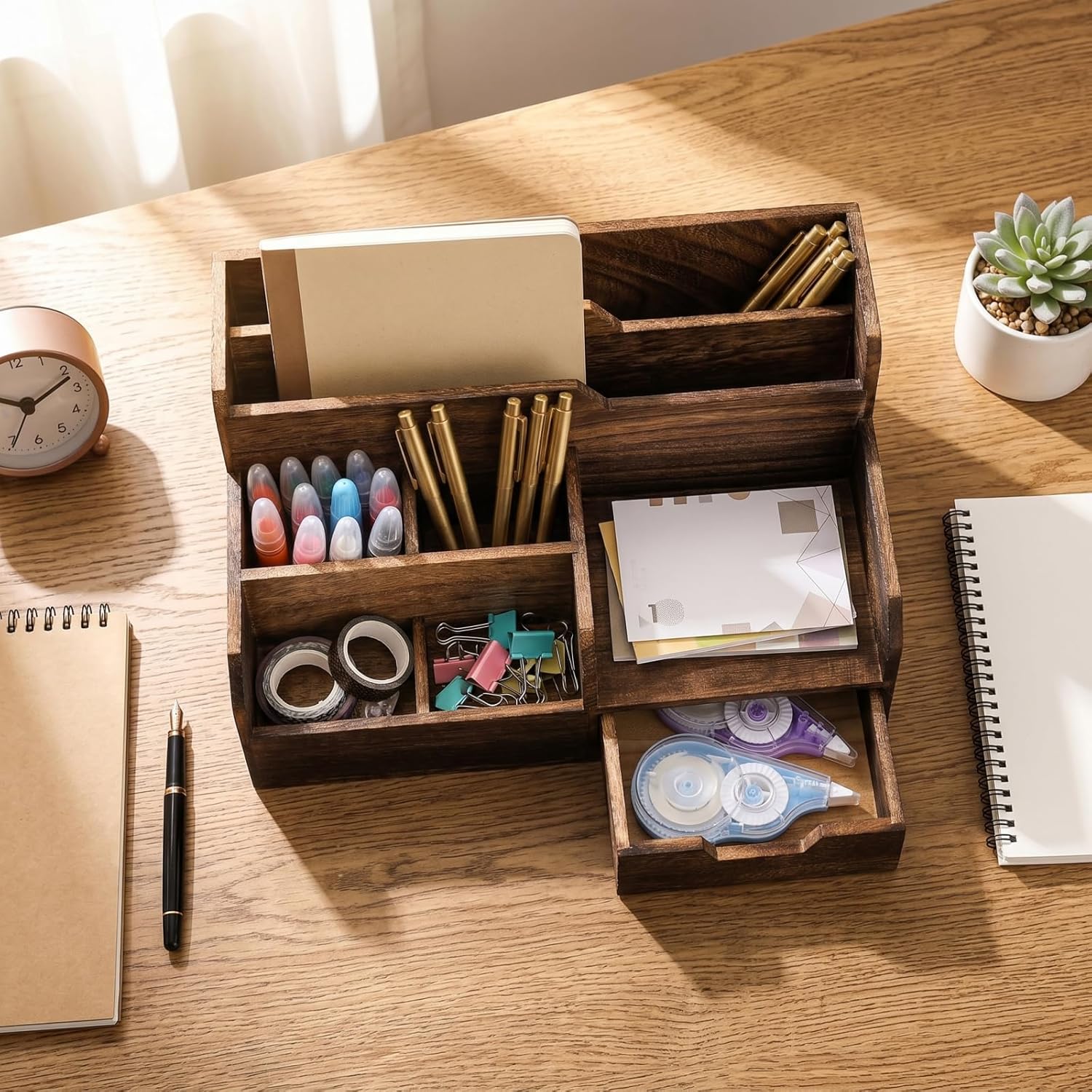 Pumtus Brown Wooden Mail Organizer, Desk Organizer with 7 Compartments and Drawer, Rustic Mail Sorter with Pen Holder, Tabletop Mail Basket, Office Accessories Holder for Pen File Letter Document