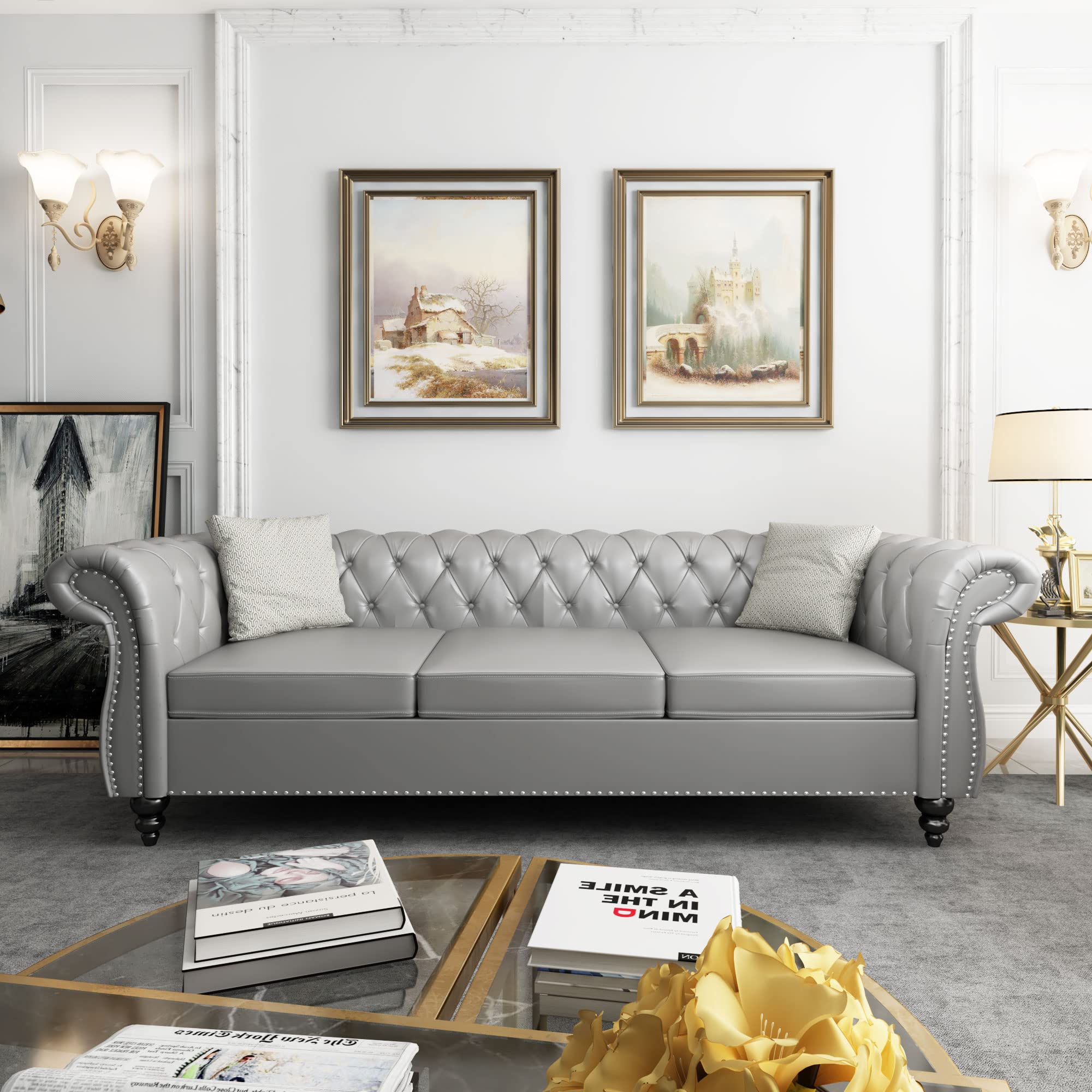 ORRD Chesterfield Loveseat, Modern Velvet Sofa Tufted Couch 2 Seater with Scroll Arms and Nailhead for Living Room, Bedroom, Office, Apartment (Beige)
