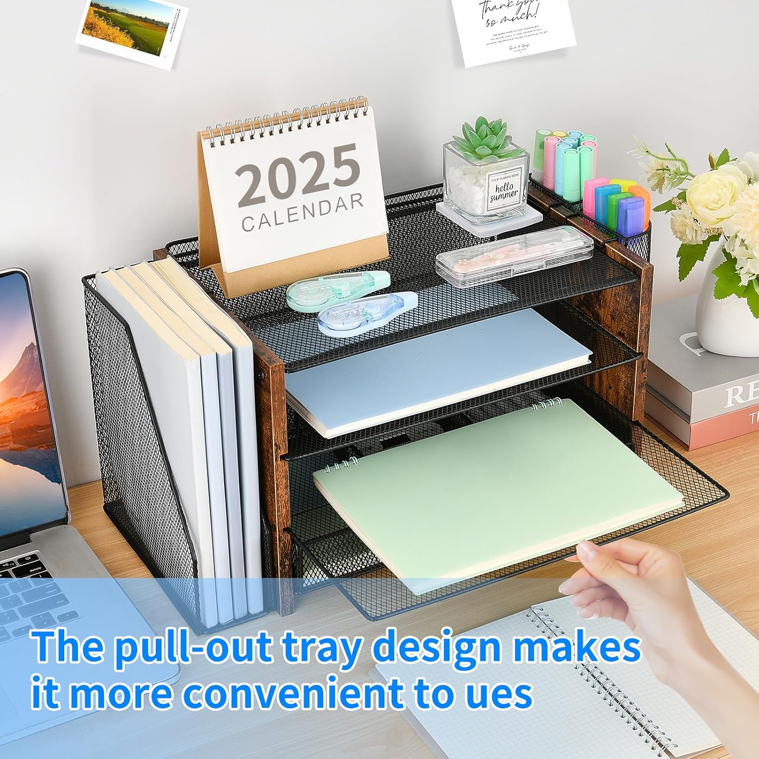 OPNICE Desk Organizer, 4-Tier Desktop File Organizer with Drawer and 2 Pen Holders, Office Desk Accessories, File Sorters, Workspace Organizers for Office Supplies(Brown Wood)