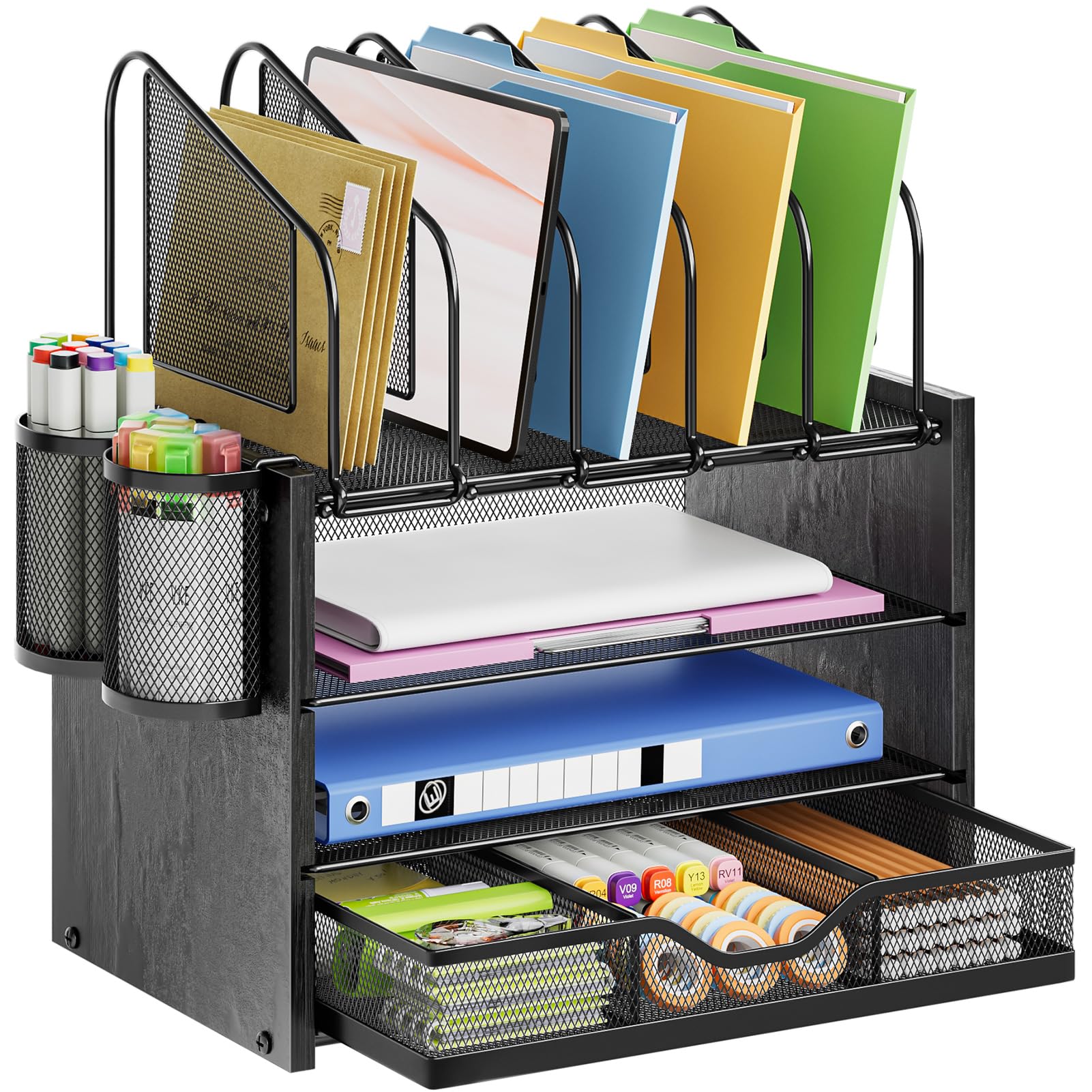 Marbrasse Desk Organizer with Drawer, 4-Tier Wooden File Organizer with 5 Vertical File Holders and 2 Pen Holders, Desk Organizers and Accessories for Home Office - Dark Brown