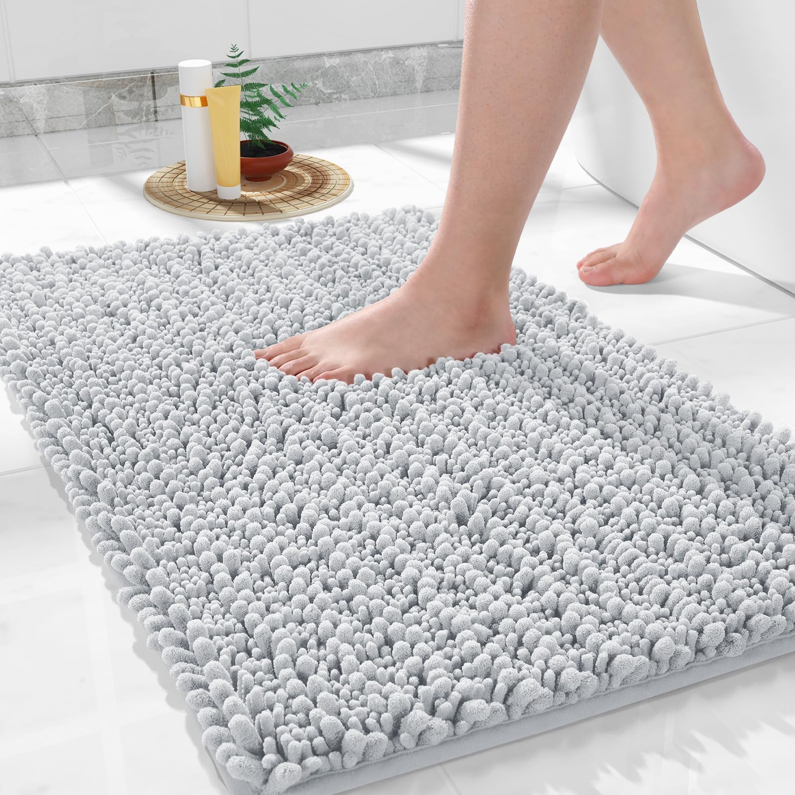 Yimobra Bathroom Rugs Non Slip Washable - Ultra Soft Absorbent Chenille Bath Mat, Quick Dry Shaggy Floor Carpet for Tub Shower, Gray Home Decor Accessories, 24x17 Inch