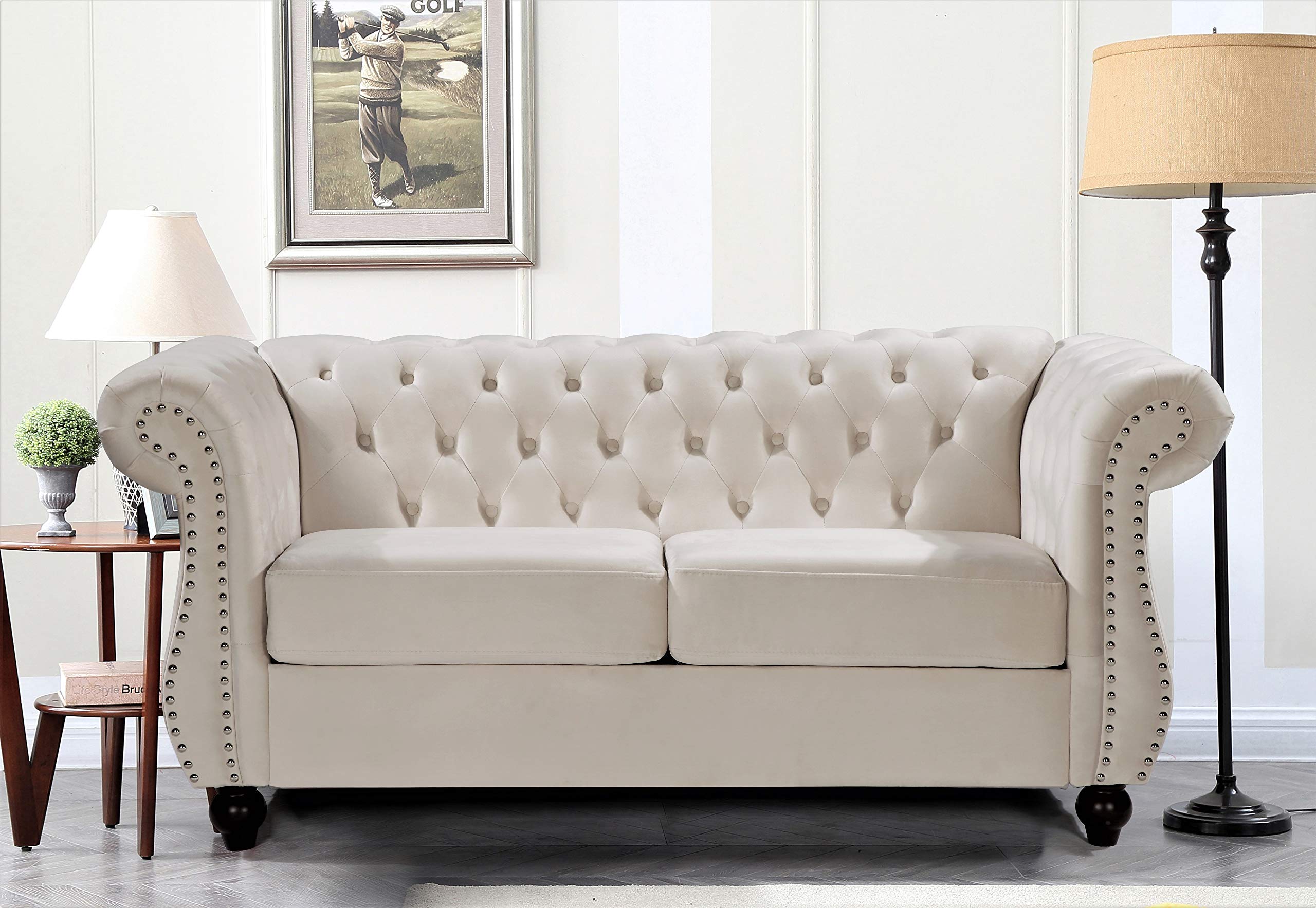 Container Furniture Direct Feinstein Modern Velvet Chesterfield Couches for Living Room with Nailheads, Diamond Tufting & Durable Metal Frame, Loveseat, Green