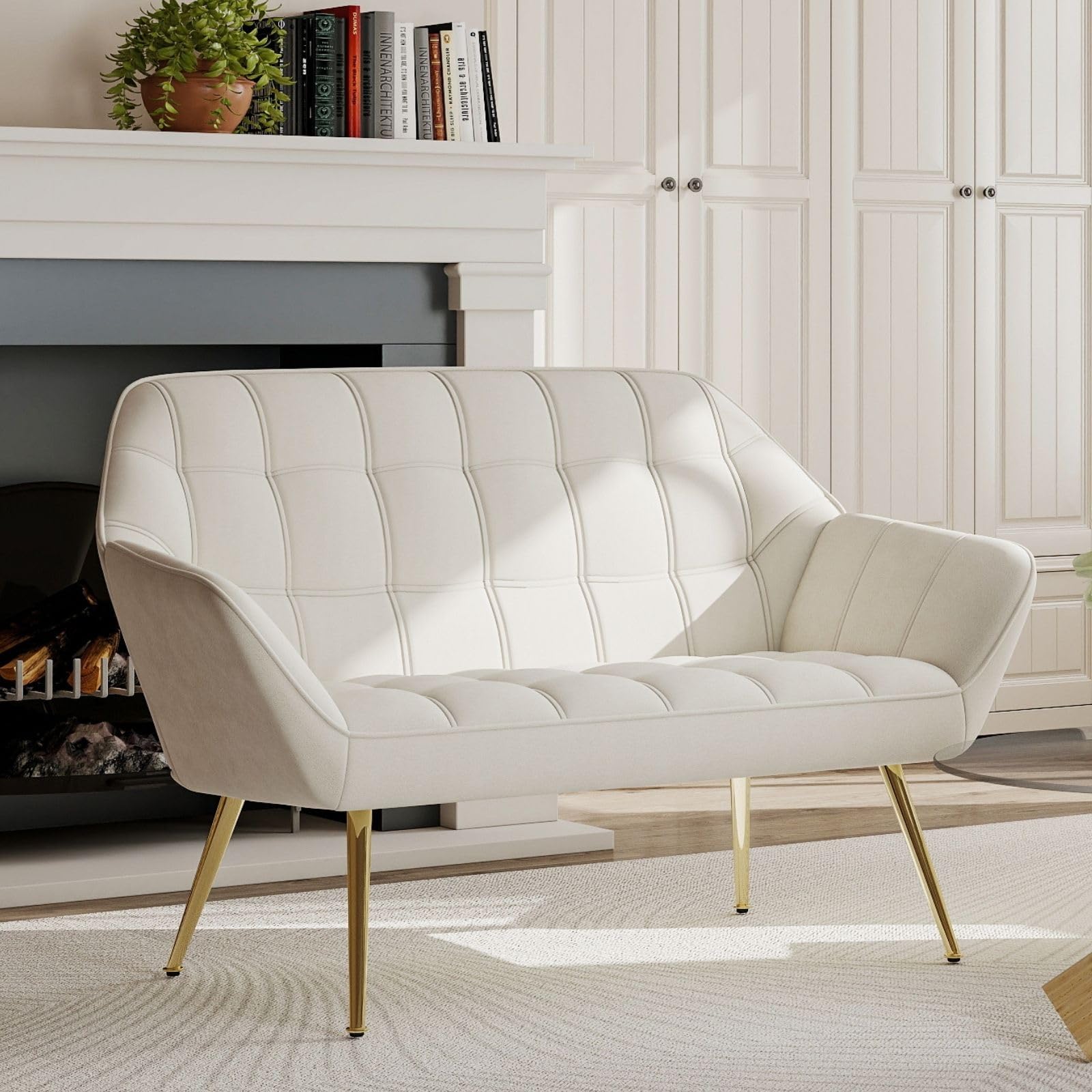 Hyfirm 48" Cream Velvet Tufted Loveseat Sofa, Modern Luxury Mini Couch with Gold Metal Legs, Comfy Small Loveseat for Small Space, Living Room, Bedroom, Apartment & Office