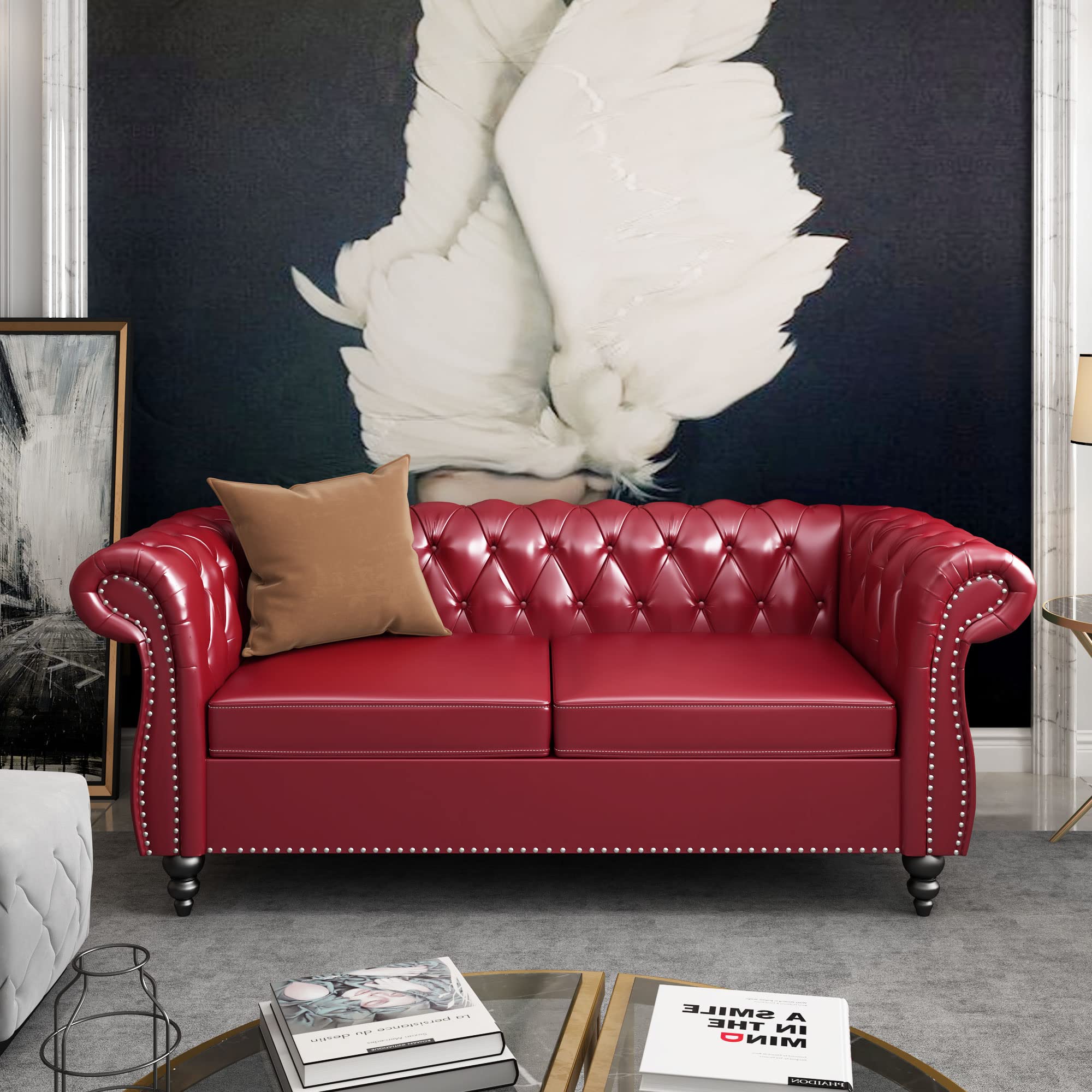 ORRD Chesterfield Loveseat, Modern Velvet Sofa Tufted Couch 2 Seater with Scroll Arms and Nailhead for Living Room, Bedroom, Office, Apartment (Beige)