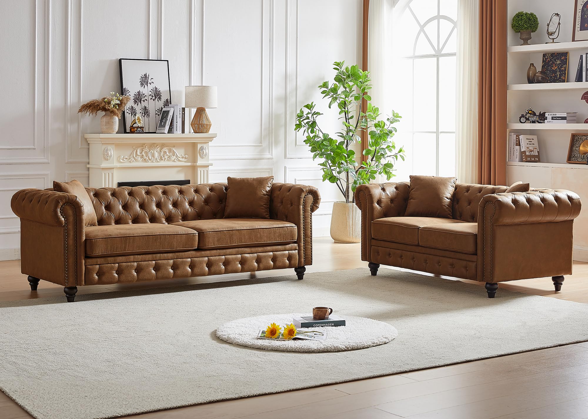 Mid Century Modern Loveseat Sofa, 63.5"W Velvet Fabric Button Tufted Small Couch with Nailhead Trim & Roll Armrest, Upholstered Comfy Chesterfield Sofa for Living Room, Office(2 Seater, Light Grey)