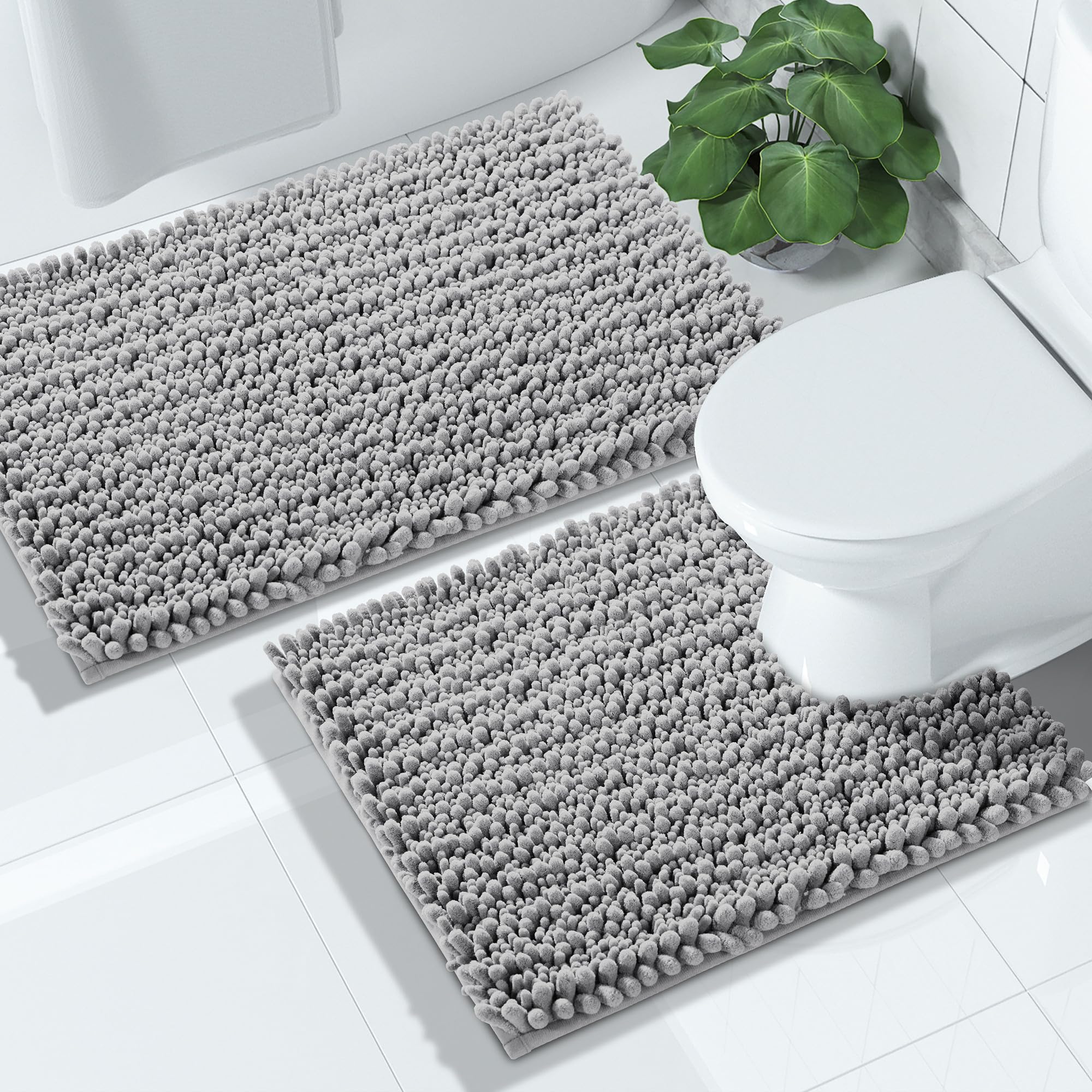 Yimobra Bathroom Rugs Sets 2 Piece - Quick Dry Extra Thick Luxury Chenille Bath Mat, Non Slip Super Absorbent for Tub Shower Sink, Machine Washable Shaggy Floor Mat, 32"x20"+24"x17" Inch, Black