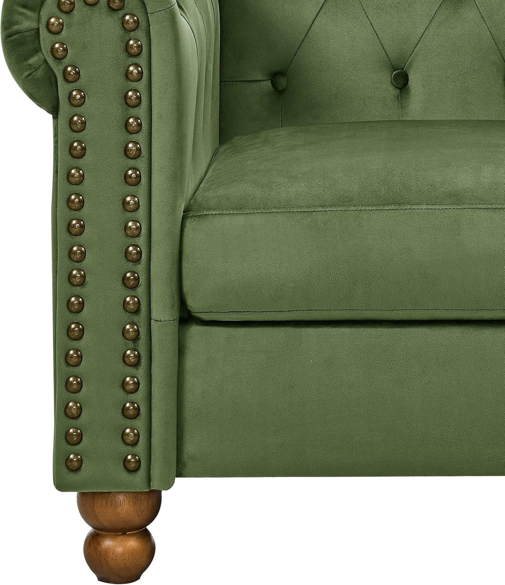 Velvet Loveseat Couch, Rolled Arm 2-Seater Tufted Sofa with Nailhead Trim and 2 Neck Roll Pillows, Living Room Small Apartment Office Décor Green