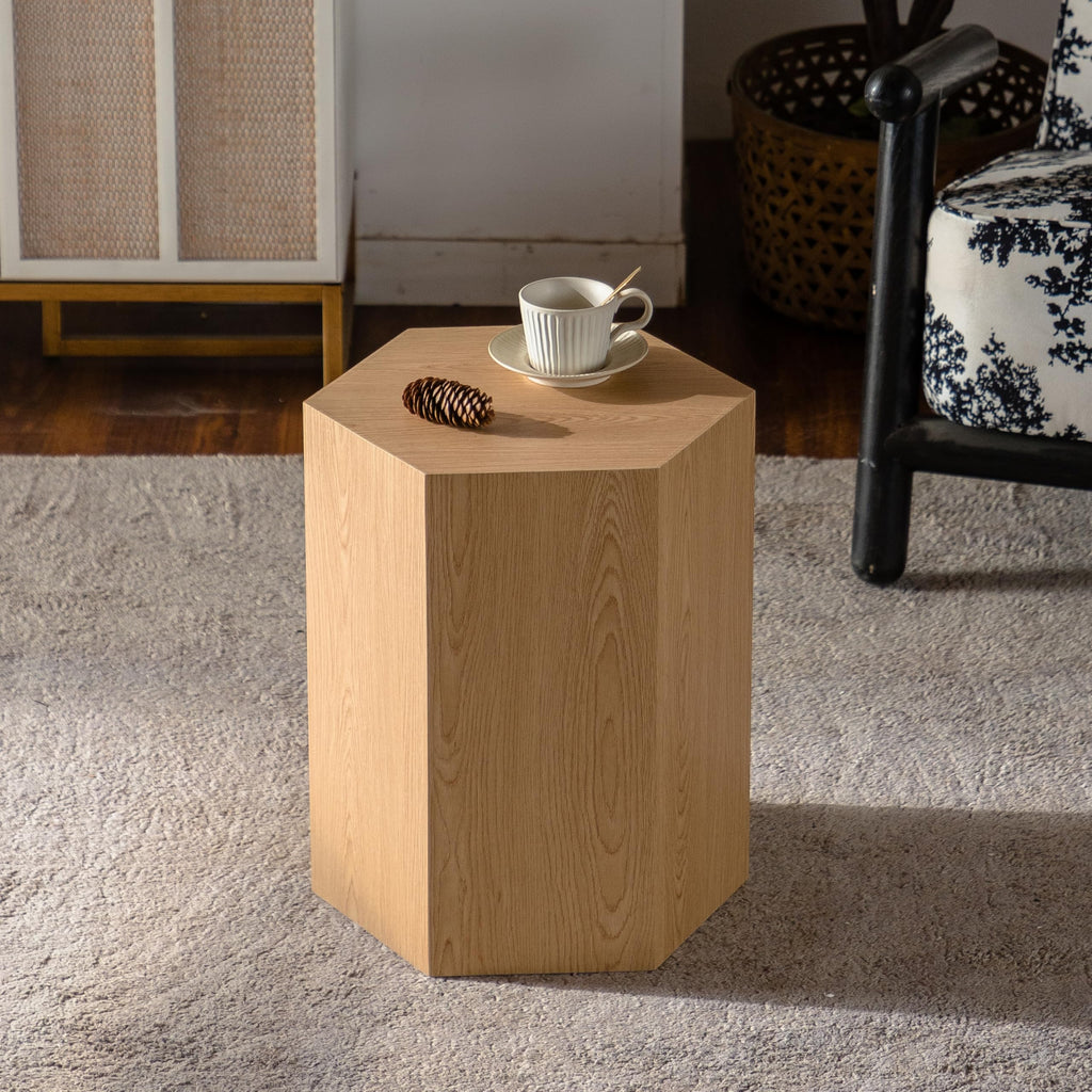 Hexagon Wooden Side Table Withe Wood Grain, Modern Fully Assembled End Table for Small Spaces, Living Room, Bedroom, 15.75"×13.58"×18.9" - Walnut