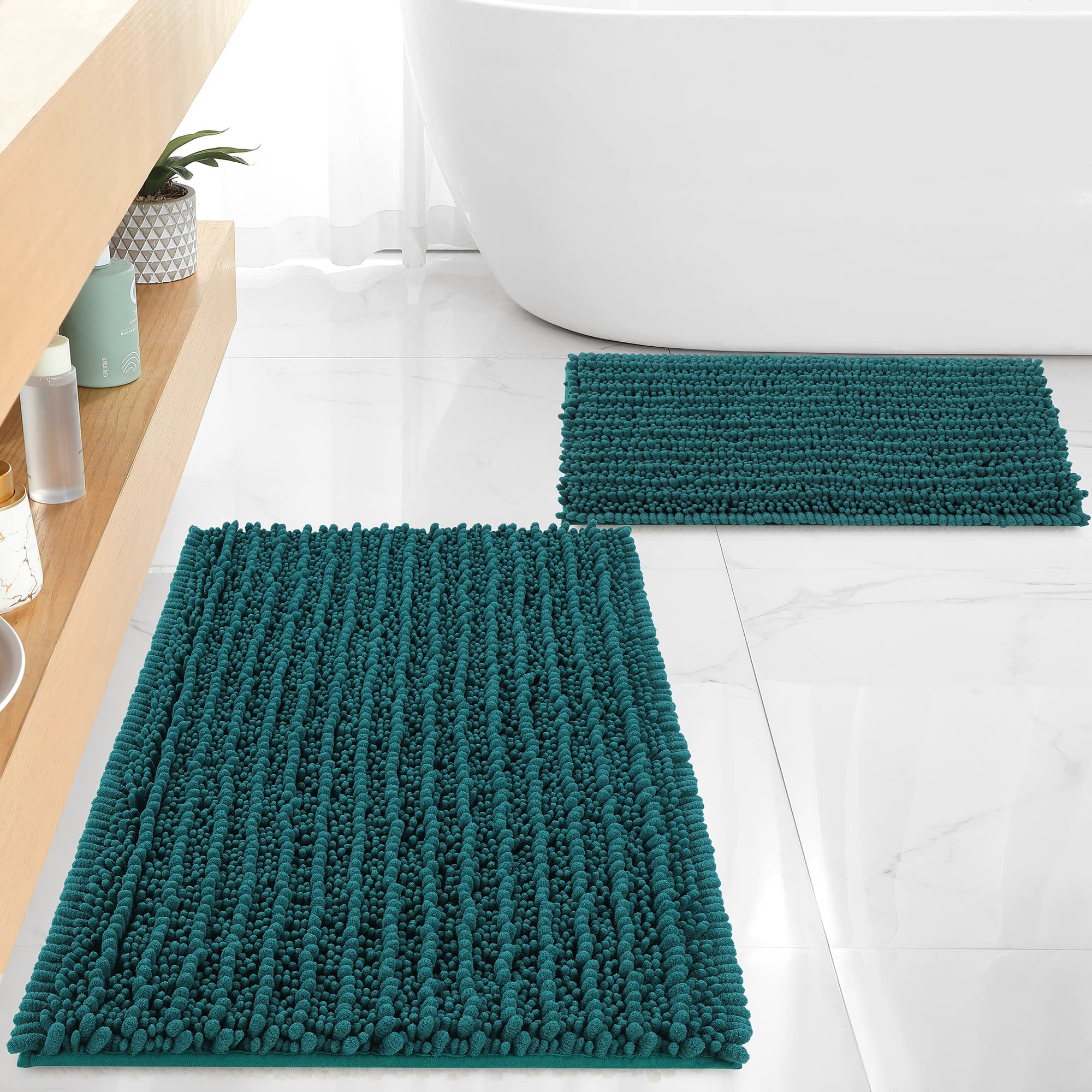 FLOLEOPA Chenille Coral Pink Bath Mat, Luxury Handmade Bathroom Rug, Non Slip, Extra Soft, Absorbent, Machine Washable, 32'x20' Plus 17'x24'