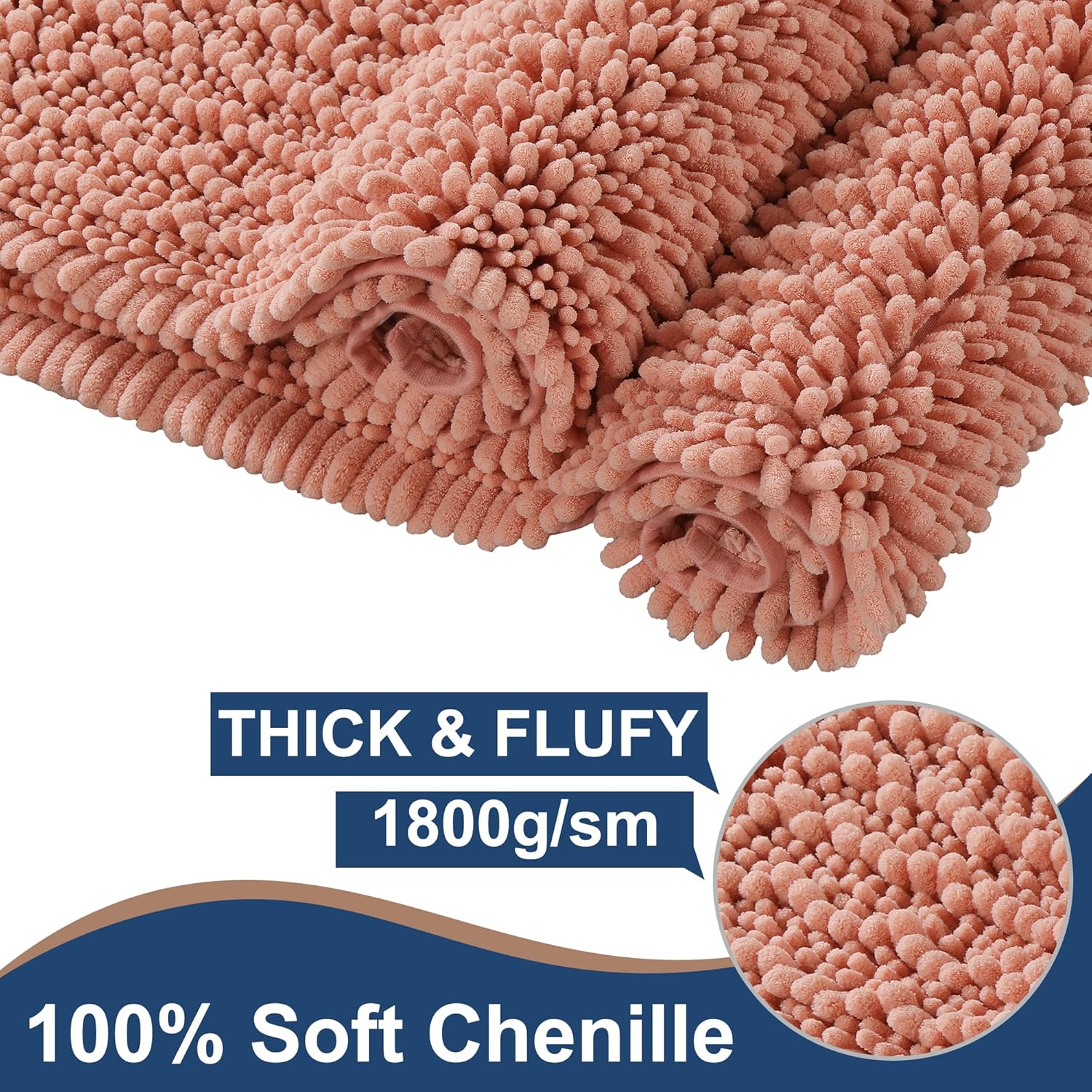 FLOLEOPA Chenille Coral Pink Bath Mat, Luxury Handmade Bathroom Rug, Non Slip, Extra Soft, Absorbent, Machine Washable, 32'x20' Plus 17'x24'