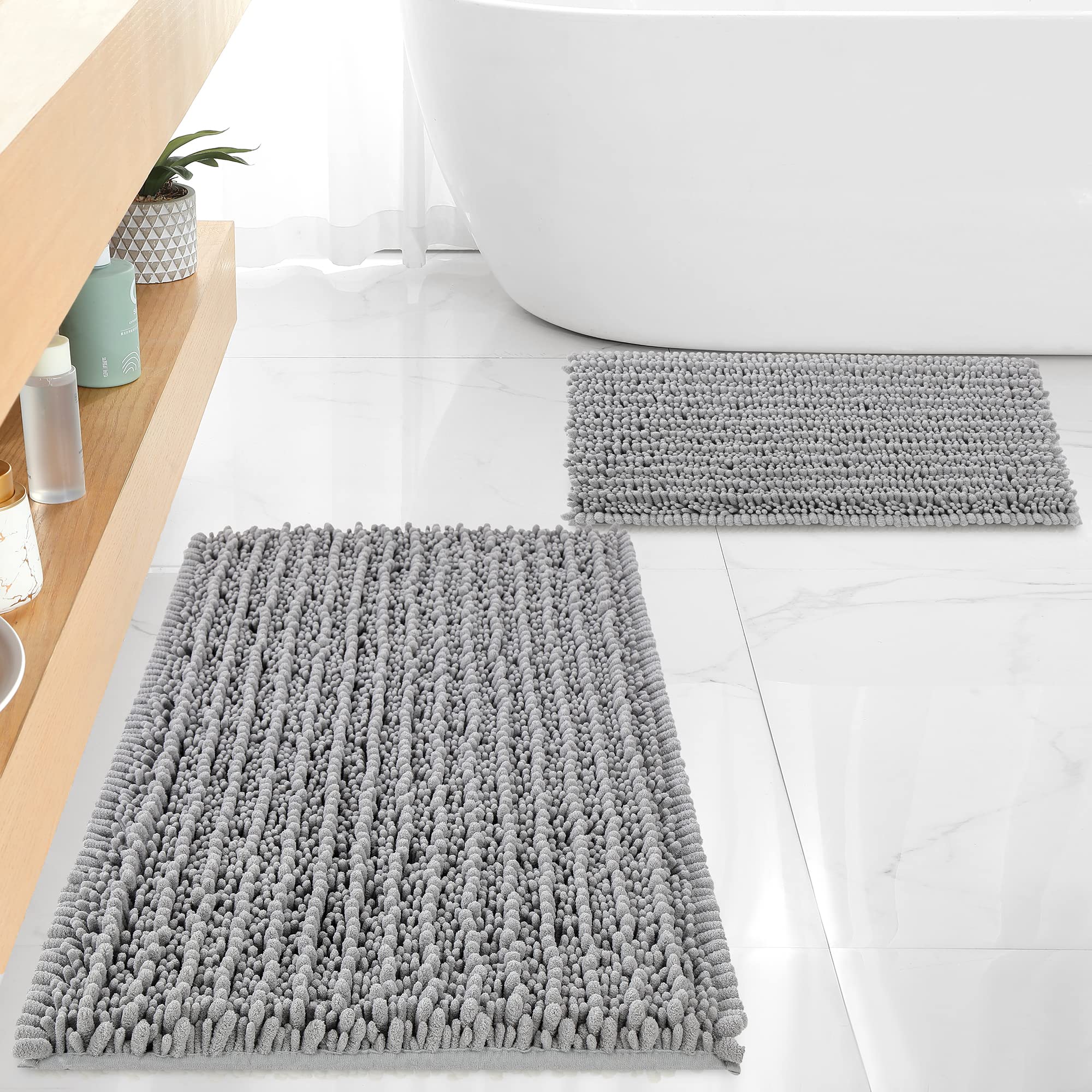 FLOLEOPA Chenille Coral Pink Bath Mat, Luxury Handmade Bathroom Rug, Non Slip, Extra Soft, Absorbent, Machine Washable, 32'x20' Plus 17'x24'