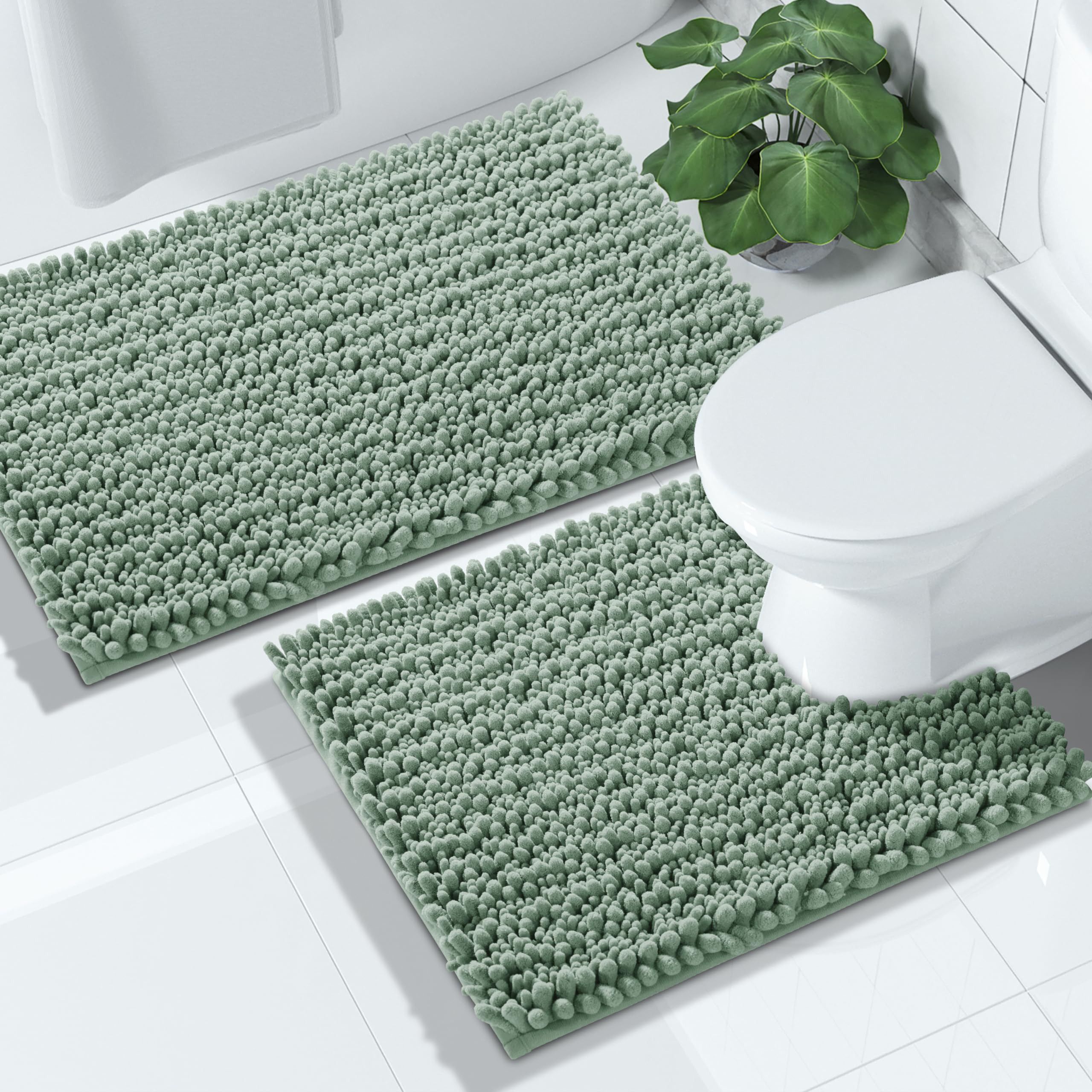 Yimobra Bathroom Rugs Sets 2 Piece - Quick Dry Extra Thick Luxury Chenille Bath Mat, Non Slip Super Absorbent for Tub Shower Sink, Machine Washable Shaggy Floor Mat, 32"x20"+24"x17" Inch, Black