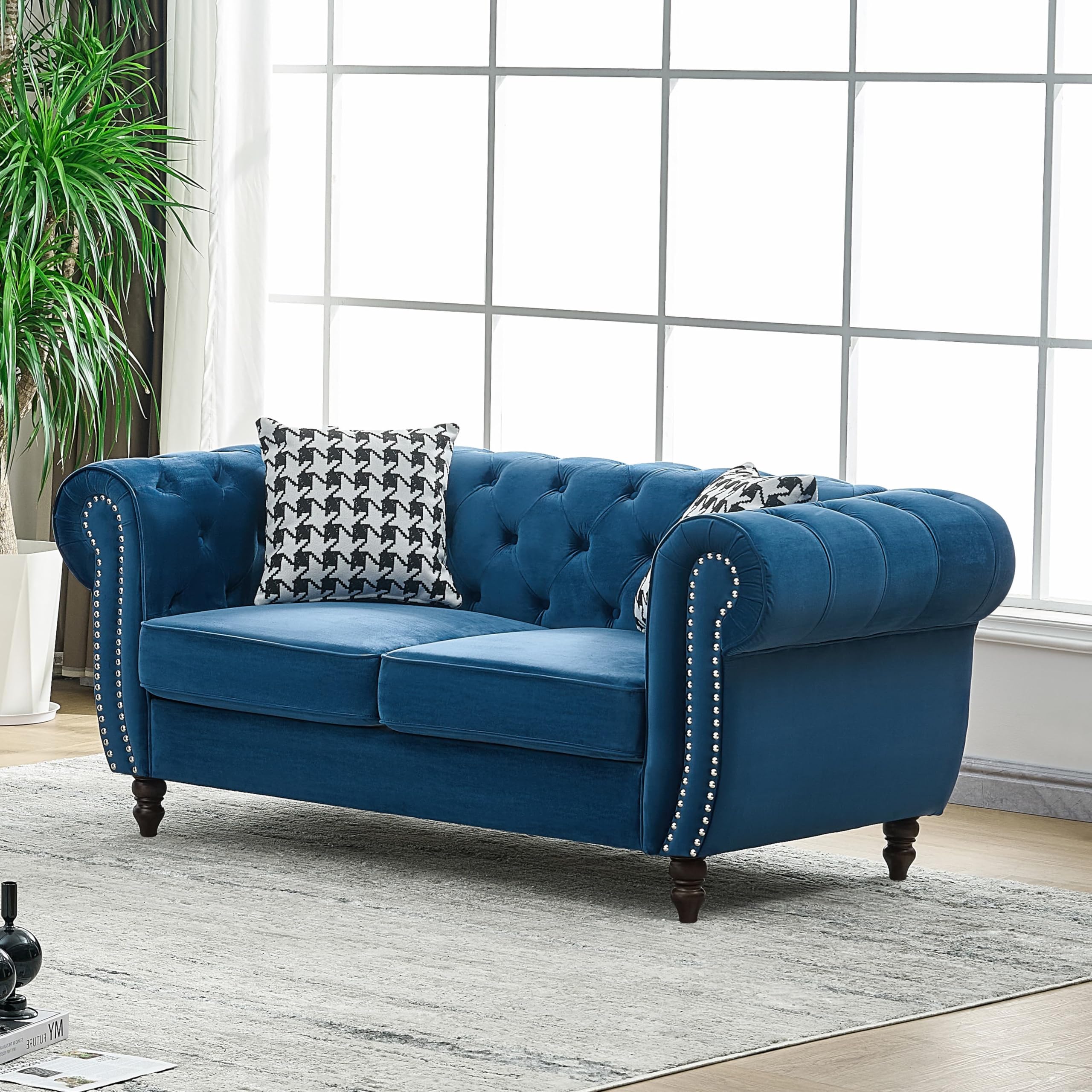 Velvet Loveseat Couch, Rolled Arm 2-Seater Tufted Sofa with Nailhead Trim and 2 Neck Roll Pillows, Living Room Small Apartment Office Décor Green