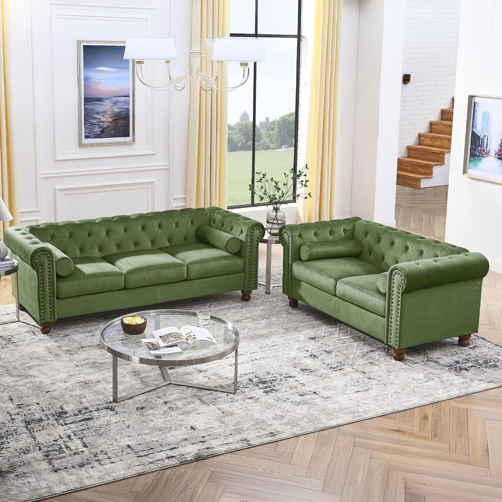 Velvet Loveseat Couch, Rolled Arm 2-Seater Tufted Sofa with Nailhead Trim and 2 Neck Roll Pillows, Living Room Small Apartment Office Décor Green