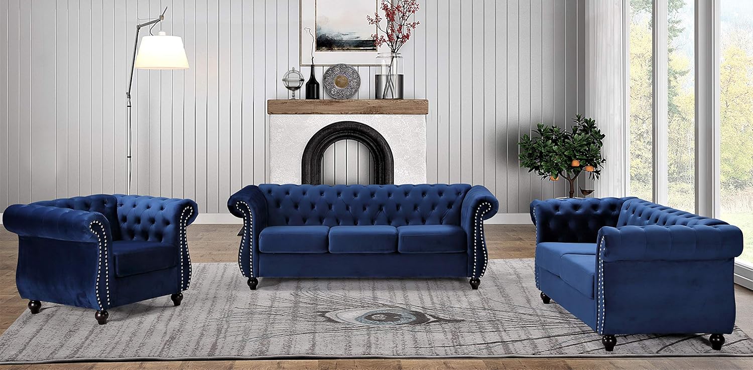 Container Furniture Direct Feinstein Modern Velvet Chesterfield Couches for Living Room with Nailheads, Diamond Tufting & Durable Metal Frame, Loveseat, Green
