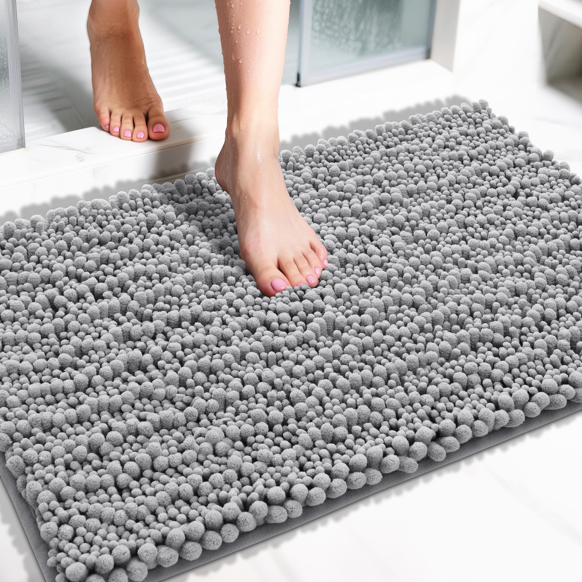 Yimobra Bathroom Rugs Non Slip Washable - Ultra Soft Absorbent Chenille Bath Mat, Quick Dry Shaggy Floor Carpet for Tub Shower, Gray Home Decor Accessories, 24x17 Inch