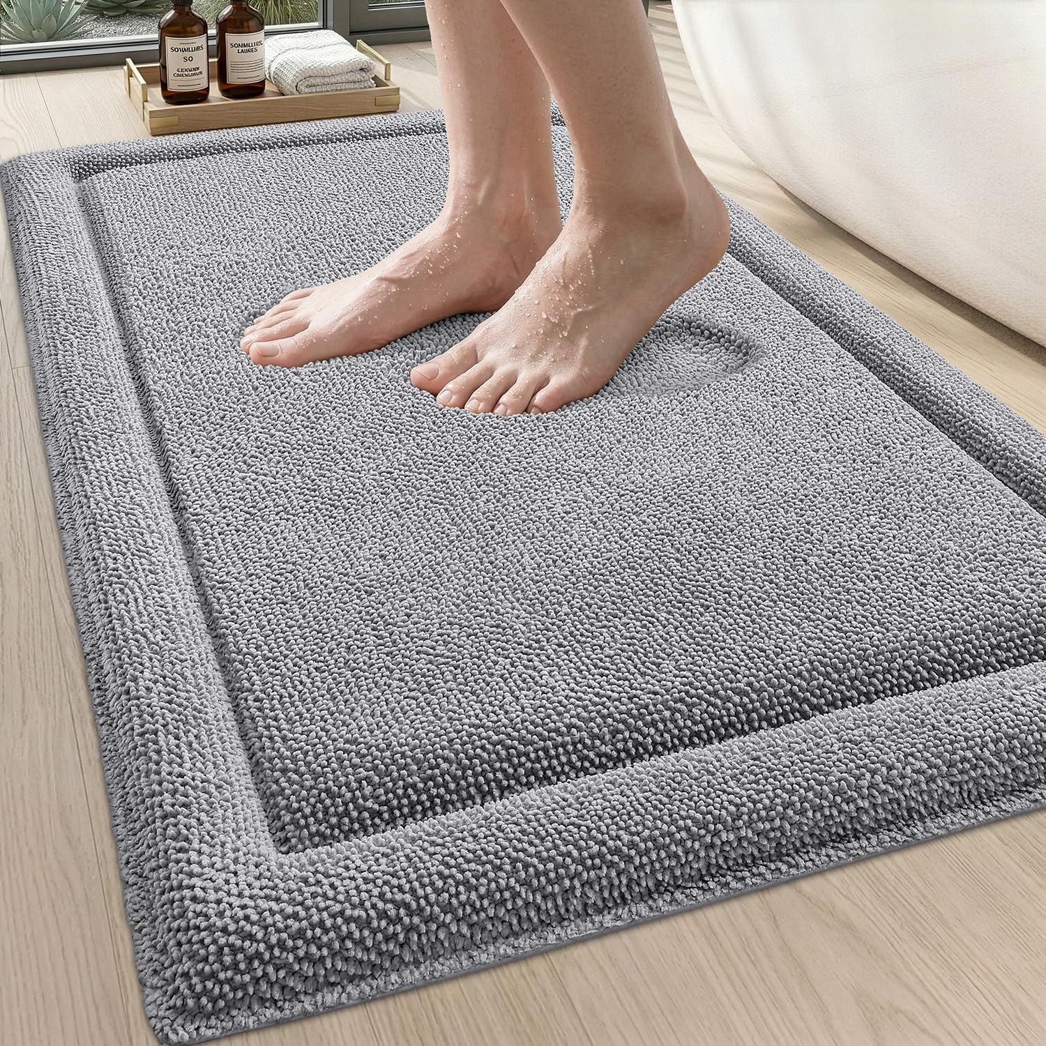 DEXI Bath Mats for Bathroom 16x24, Non Slip Washable Bathroom Rug, Thick Soft Chenille Absorbent Bathmat for Shower Floor, Fluffy Shaggy Carpet for Tub, Grey