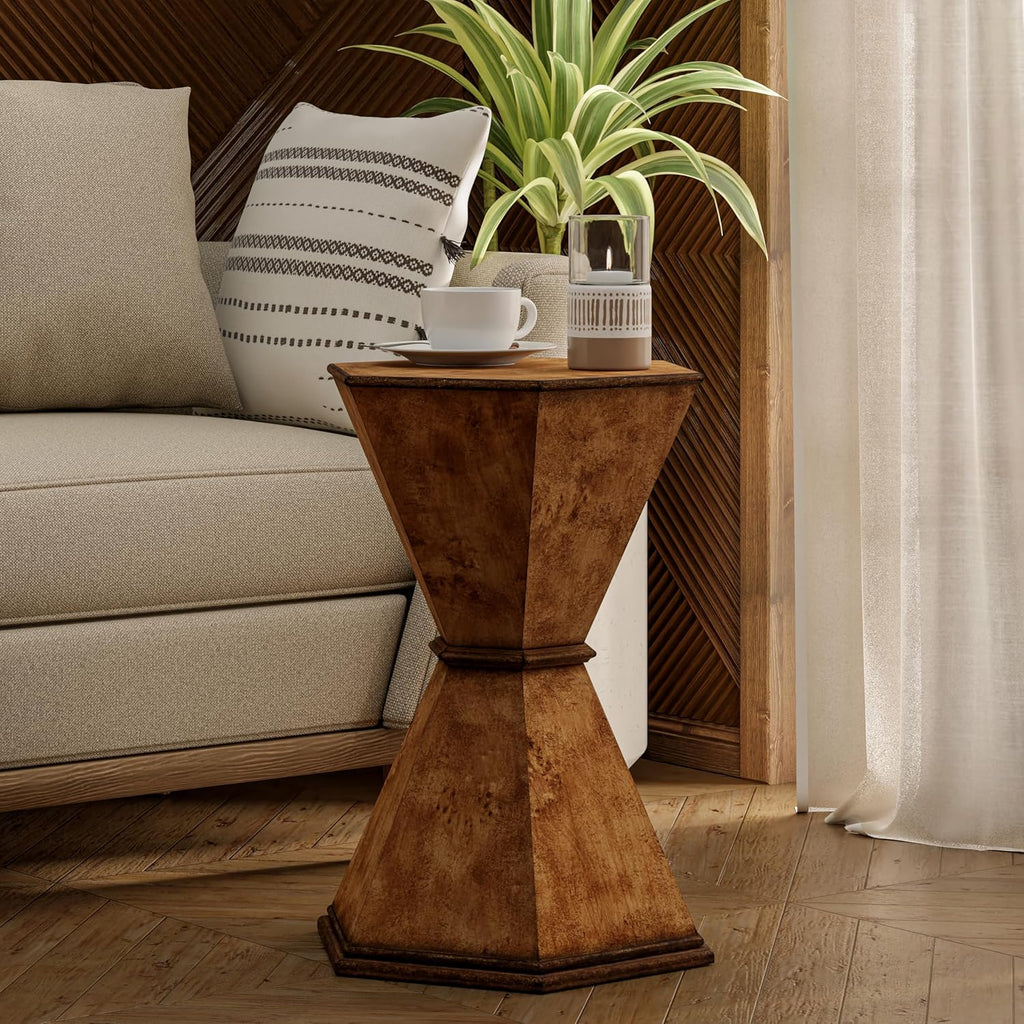 COZAYH Farmhouse Hexagonal Accent Table, Rustic Hourglass Design Side Table with Sculptural Geometric Base for Living Room or Bedroom, Natural Wood-Tone Finish, Brown