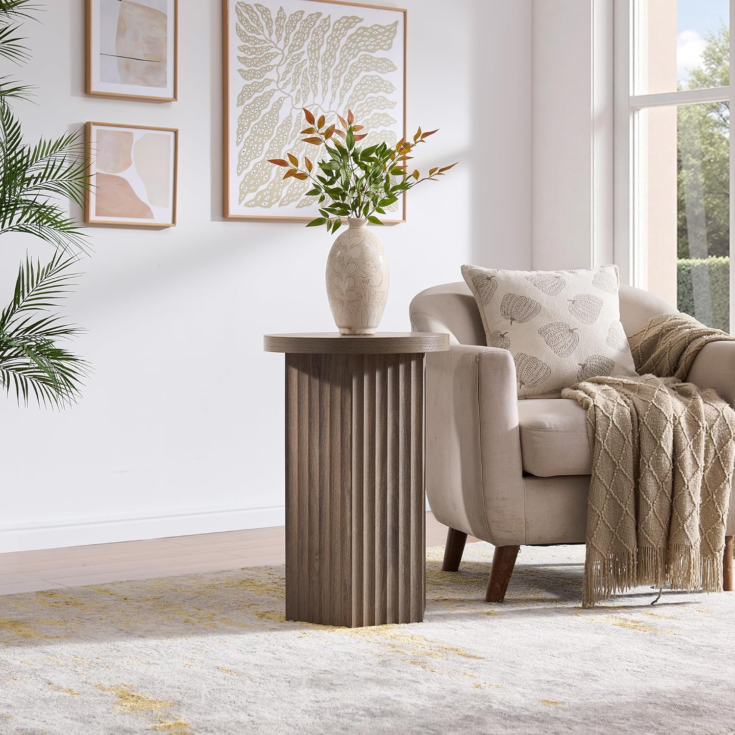 VividVibe End Tables for Living Room, Fluted Couch Side Table with Hexagonal Base, Wooden Bedside Table Bedroom Nightstands Home Office Modern Accent Grey Alder
